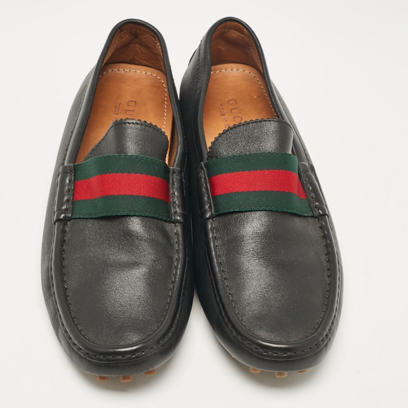 Gucci Black Leather Vintage Web Detail Loafers Size 43.5 