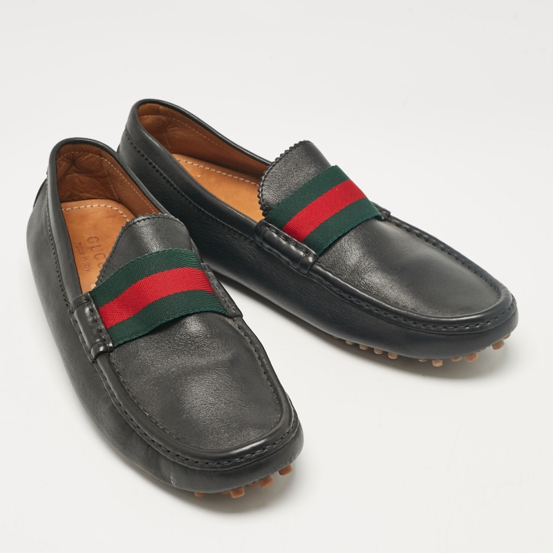 Gucci Black Leather Vintage Web Detail Loafers Size 43.5 
