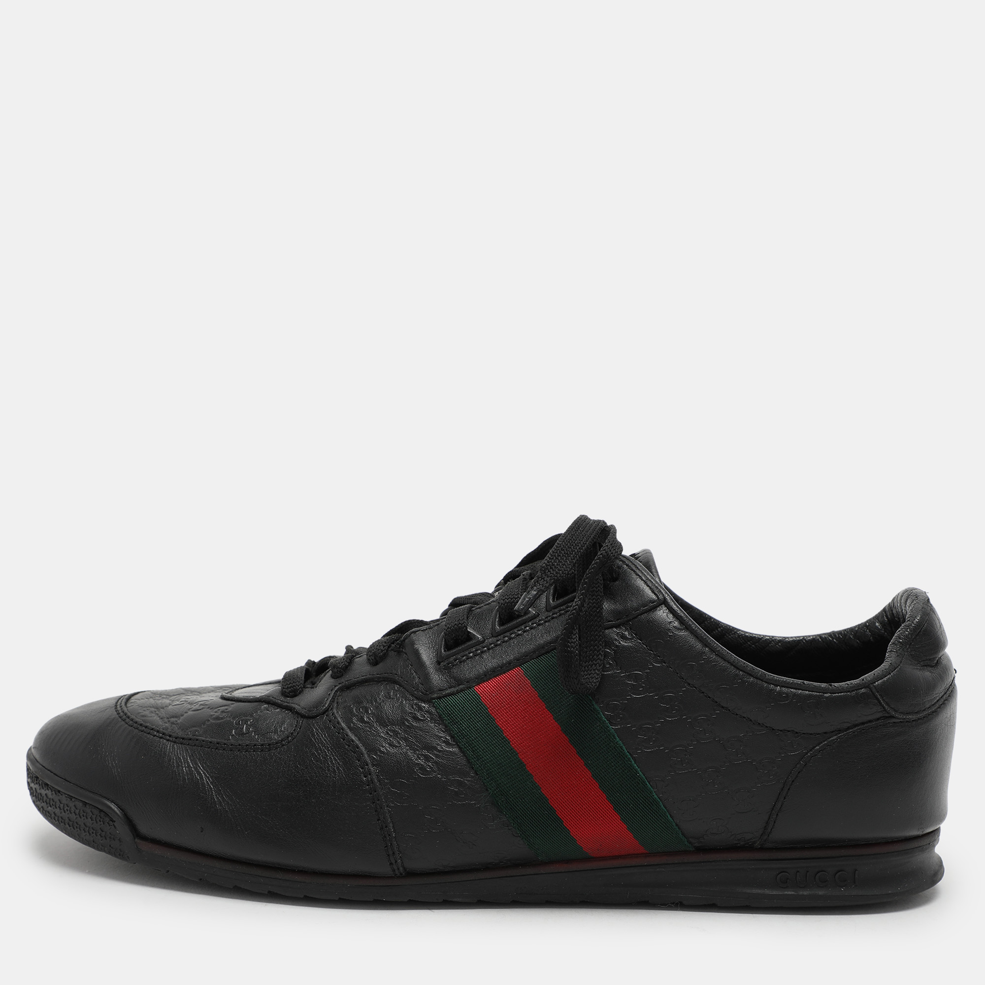 

Gucci Black Microguccissima Leather Web Low Top Sneakers Size 43.5