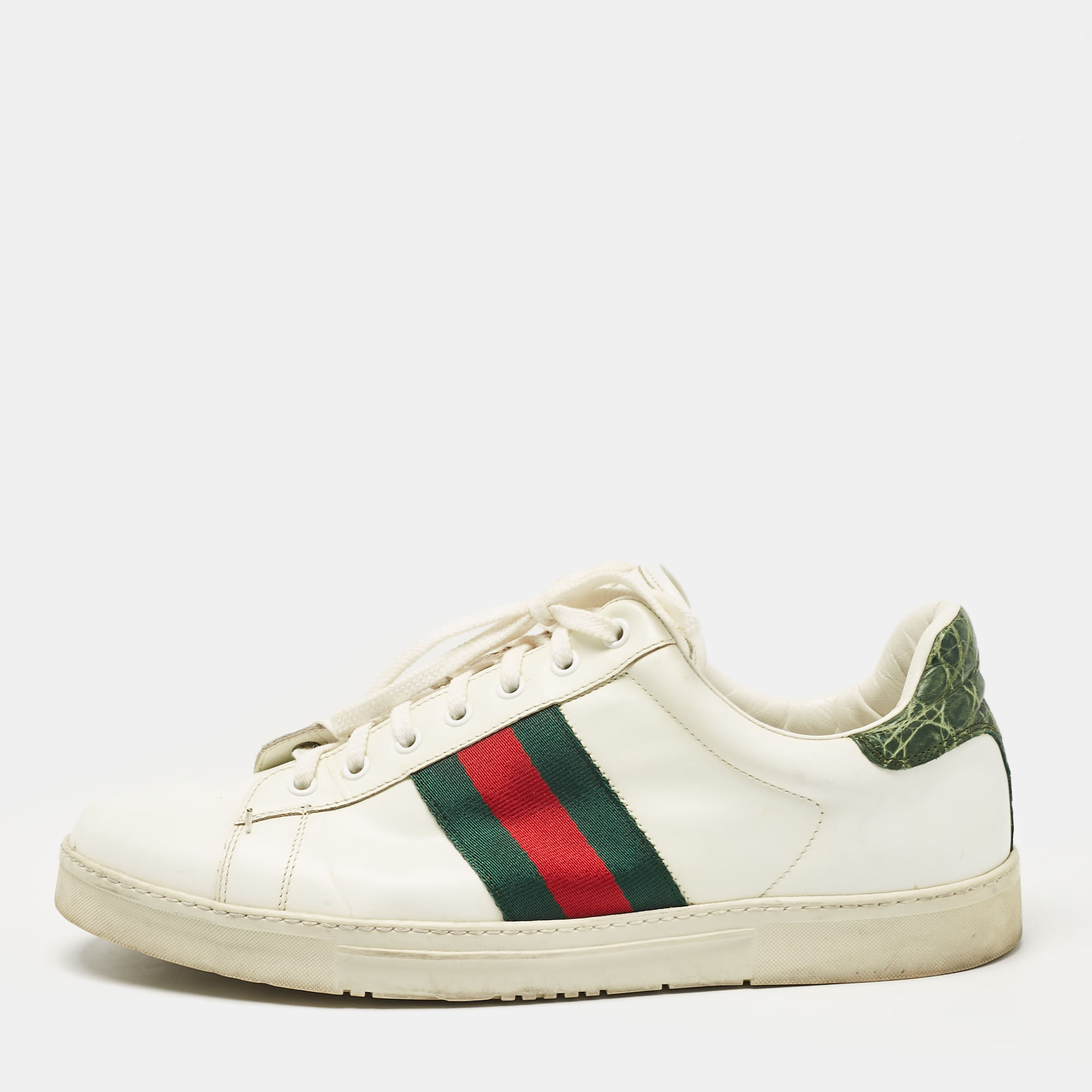 

Gucci White/Green Alligator Leather and Leather Ace Lace Up Sneakers Size