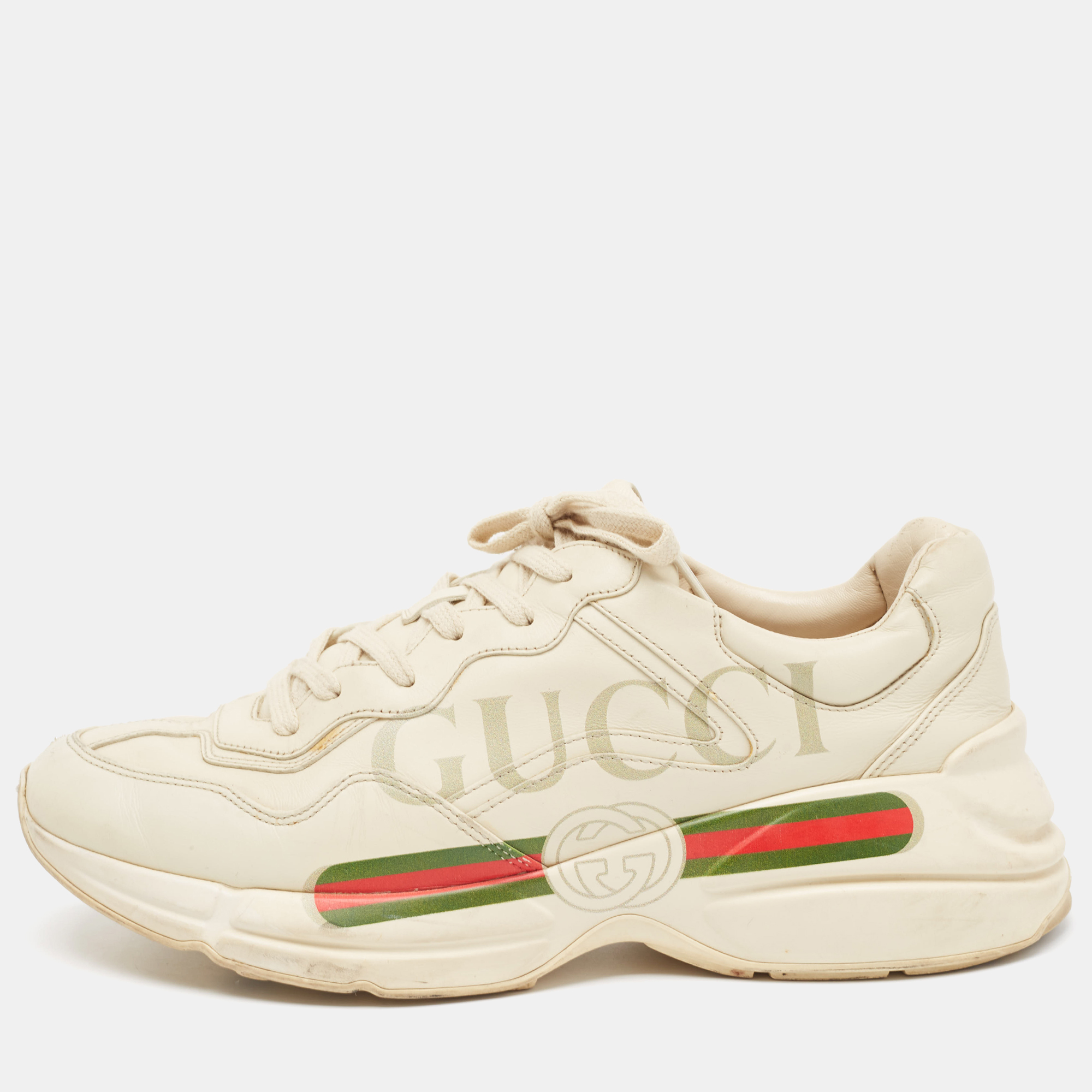 Pre-owned Gucci Cream Leather Rhyton Lace Up Sneakers Size 44