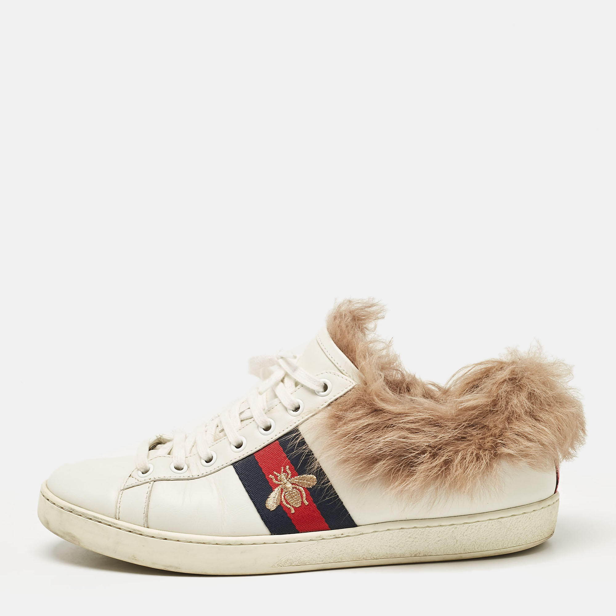 

Gucci White Fur and Leather Ace Low Top Sneakers Size