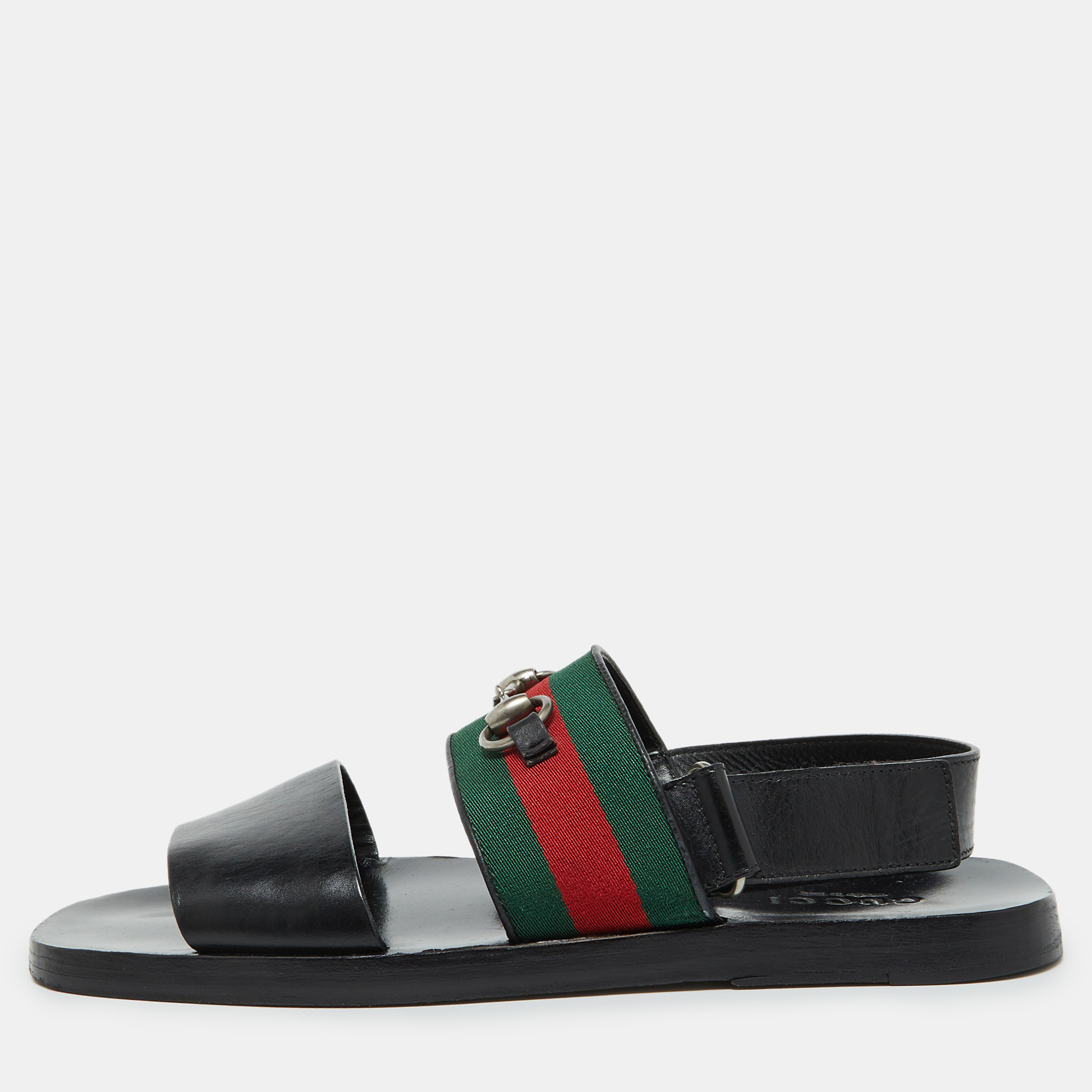 

Gucci Black Leather Horsebit Web Flat Sandals Size 42