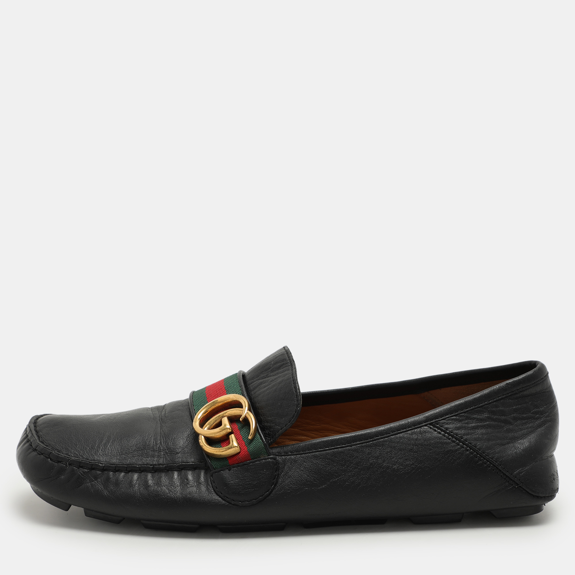 

Gucci Black Leather Web GG Marmont Loafers Size 42