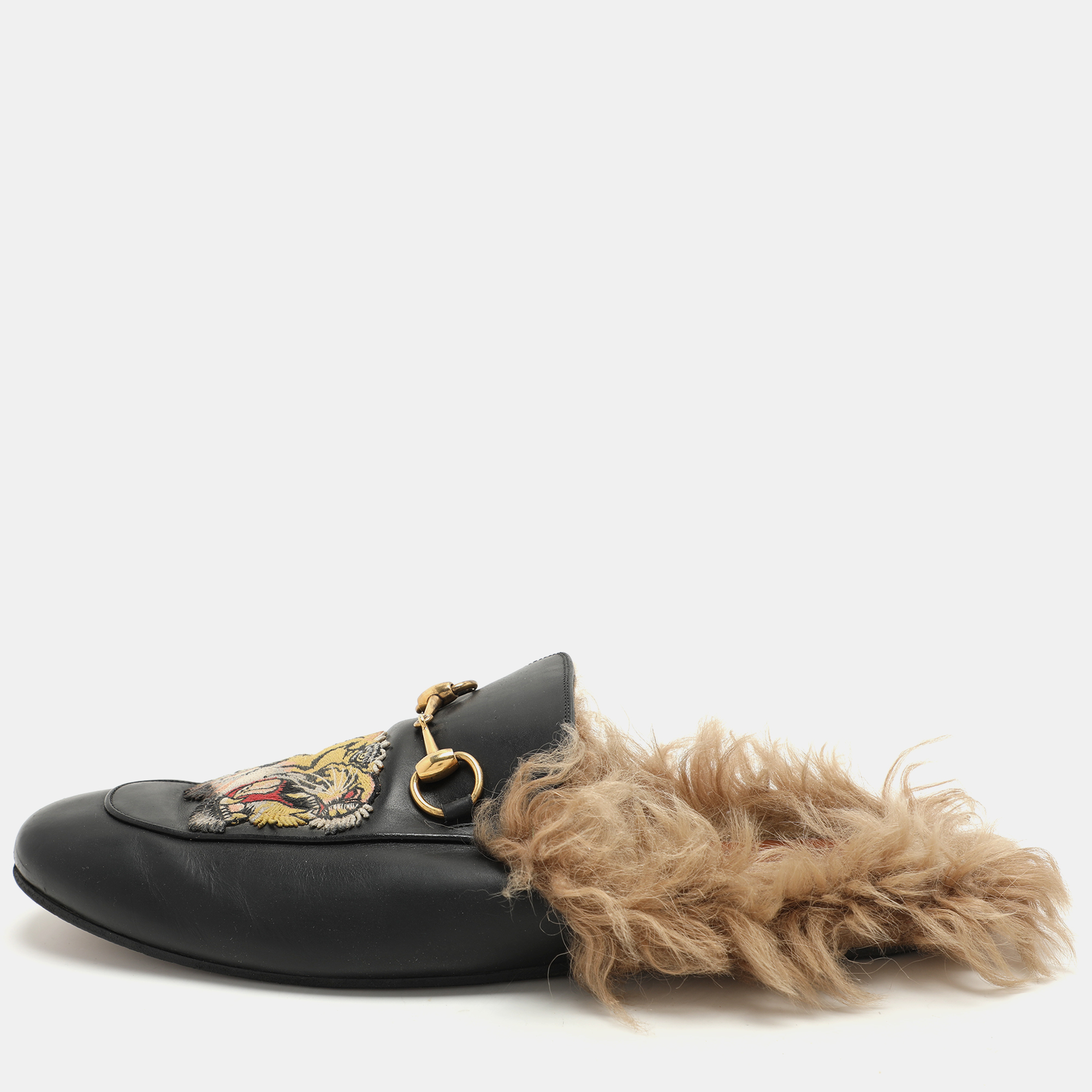 

Gucci Black Leather Princetown Fur Lined Horsebit Mules Size