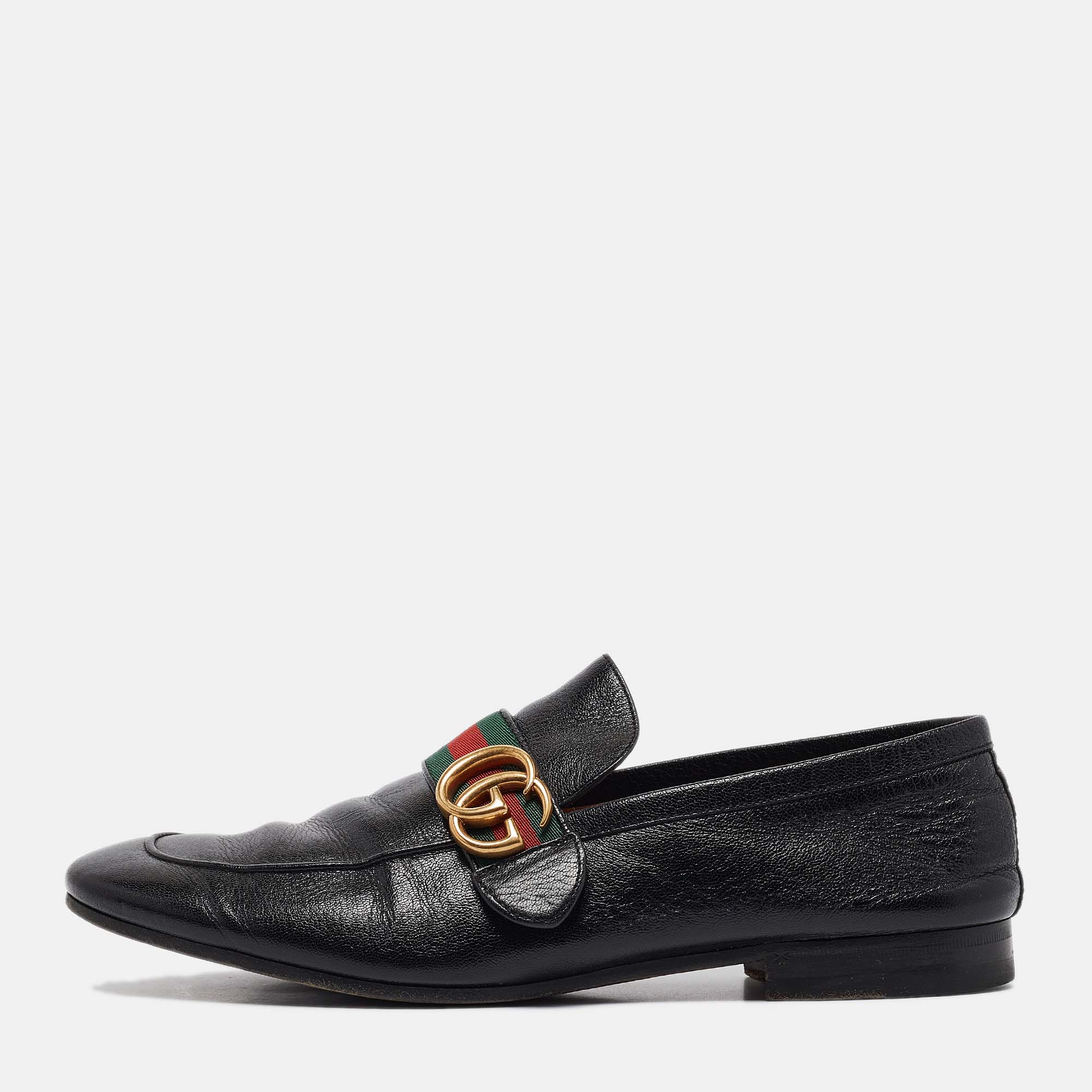 

Gucci Black Leather GG Marmont Web Slip on Loafers Size 42.5