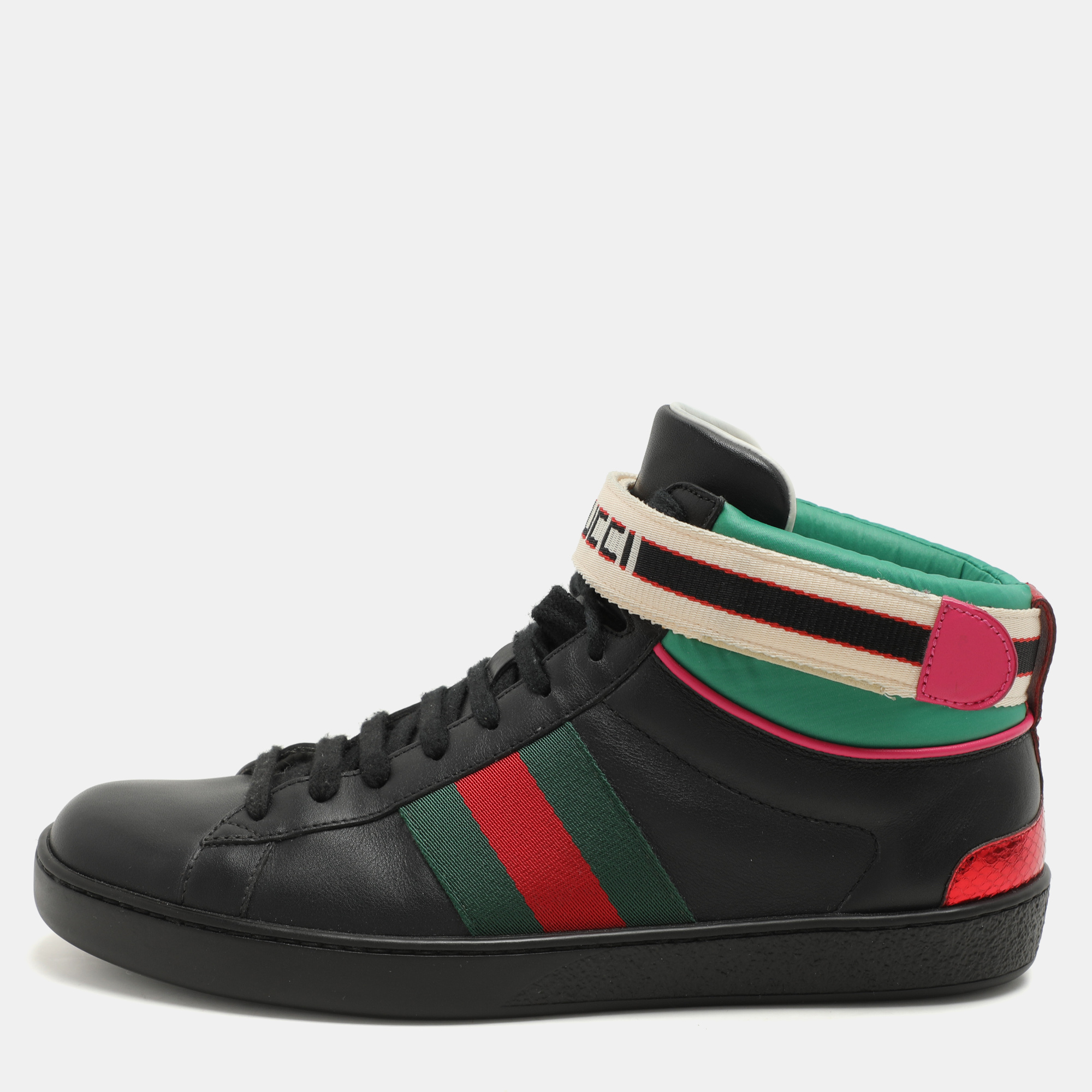 

Gucci Black Leather Stripe Ace High Top Sneakers Size 39