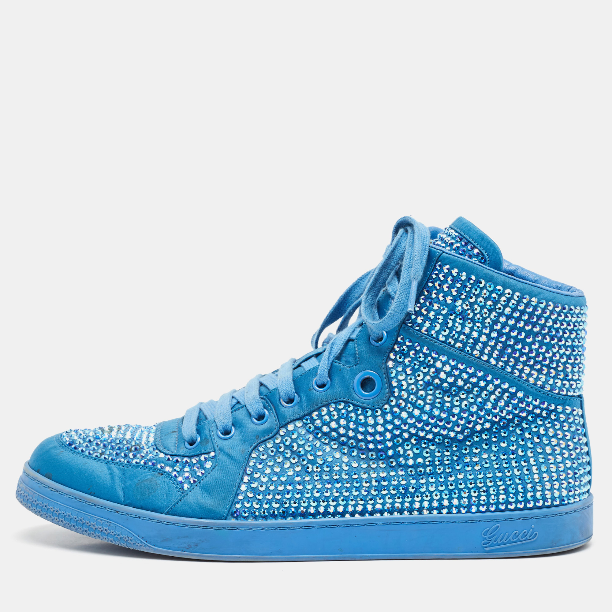 

Gucci Blue Satin and Coda Crystals High Top Sneakers Size 44