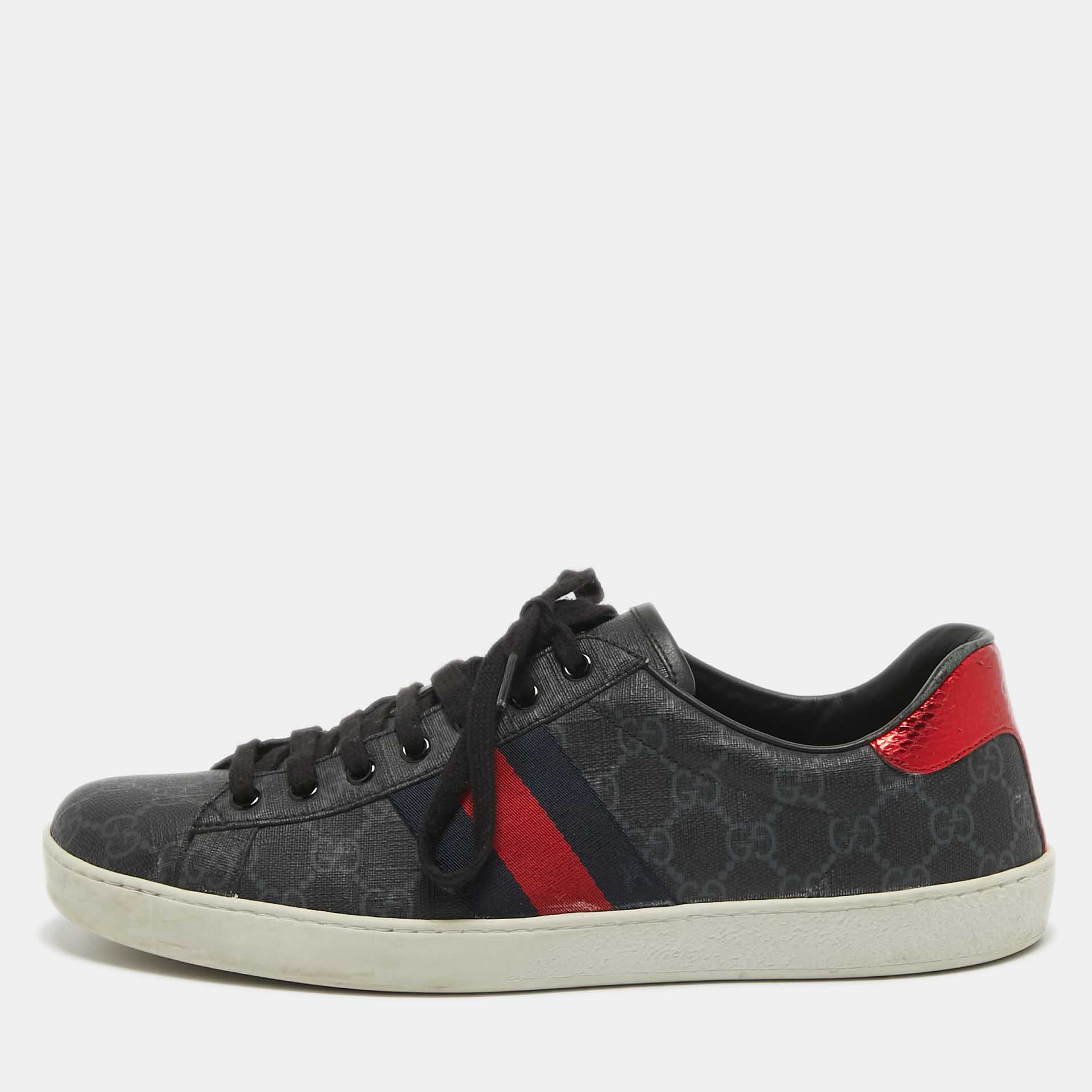 

Gucci Black Coated Canvas and Python Embossed Leather Ace Low Top Sneakers Size 43.5