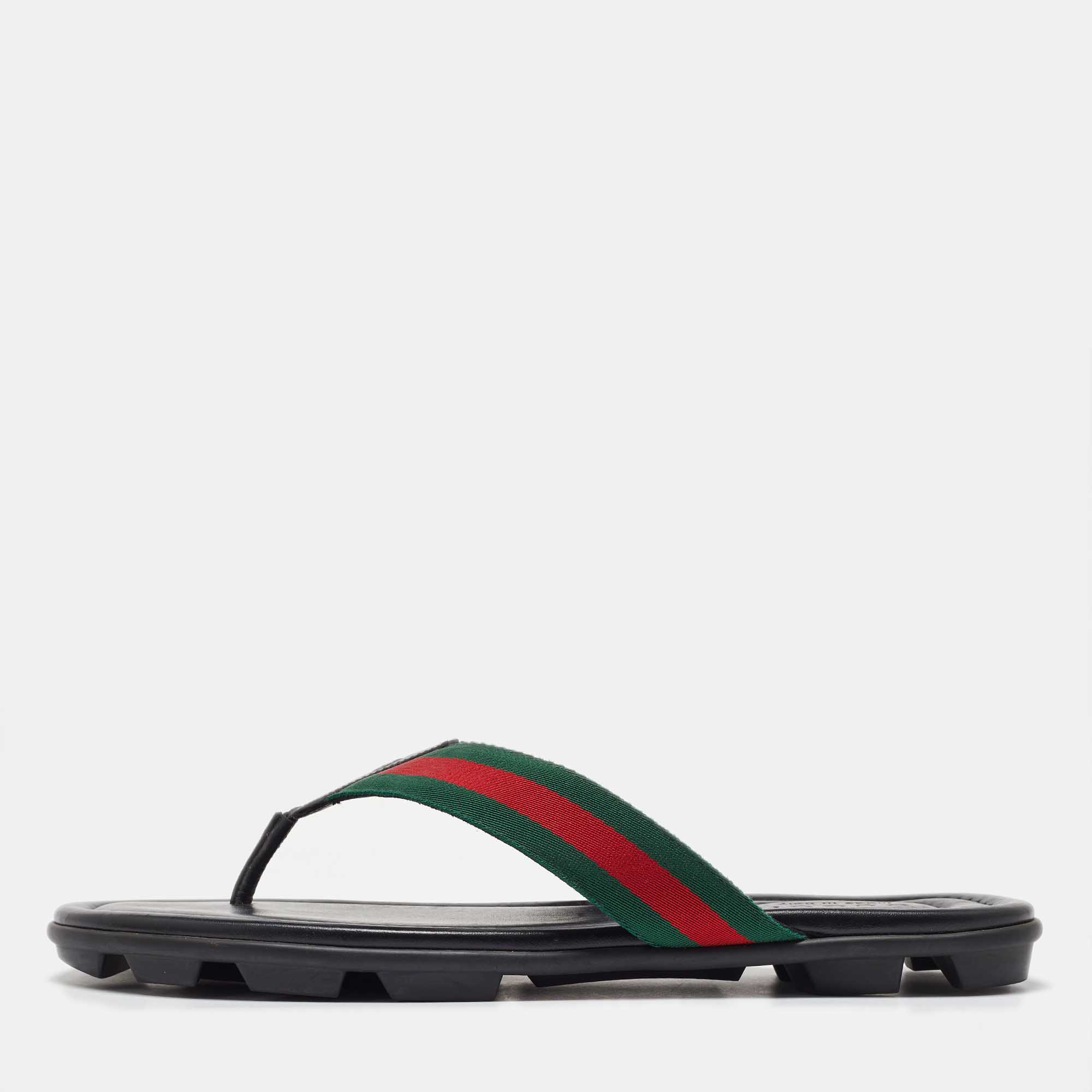 

Gucci Black Leather Web Flat Thong Sandals Size 45