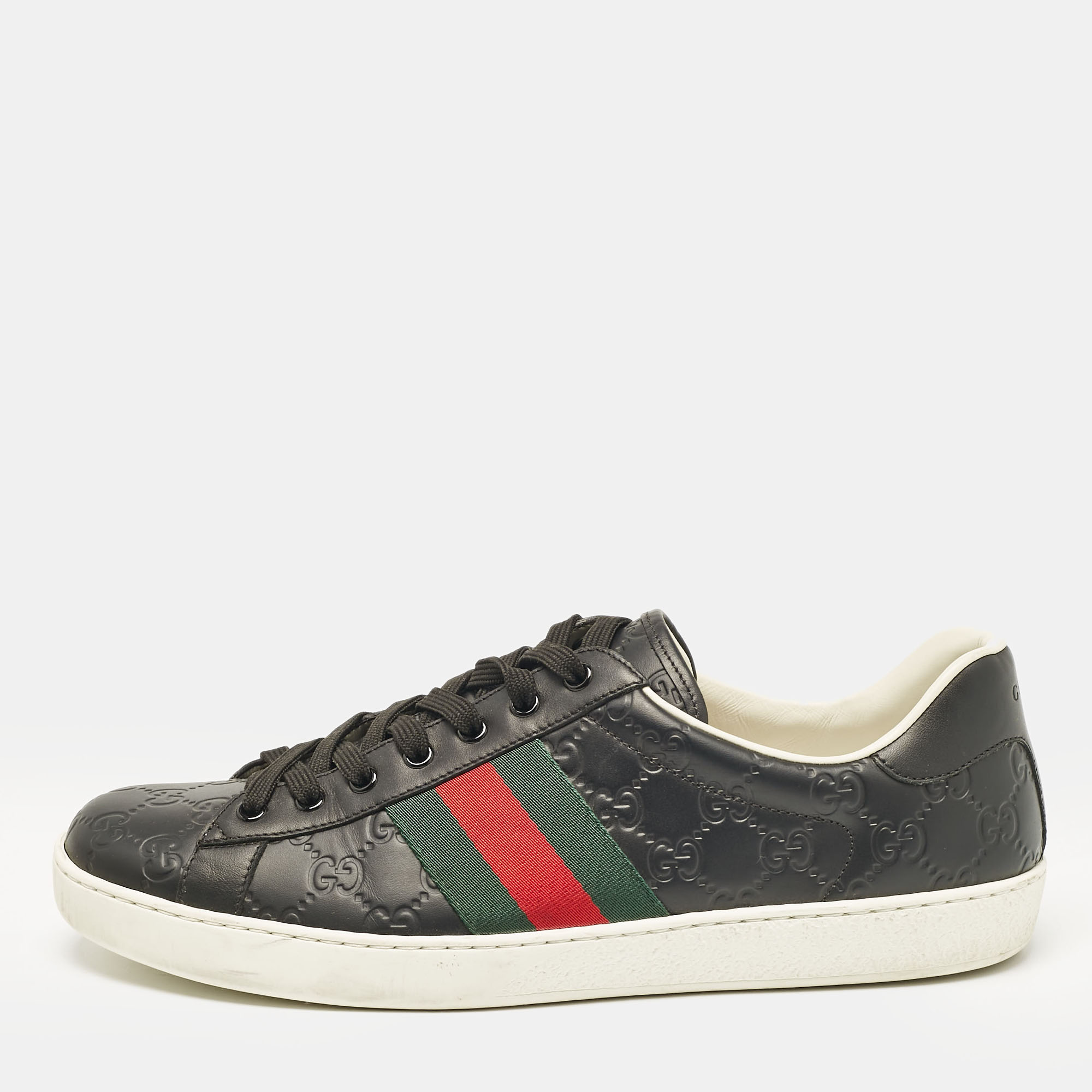 

Gucci Black Guccissima Leather Web Detail Ace Sneakers Size 45.5