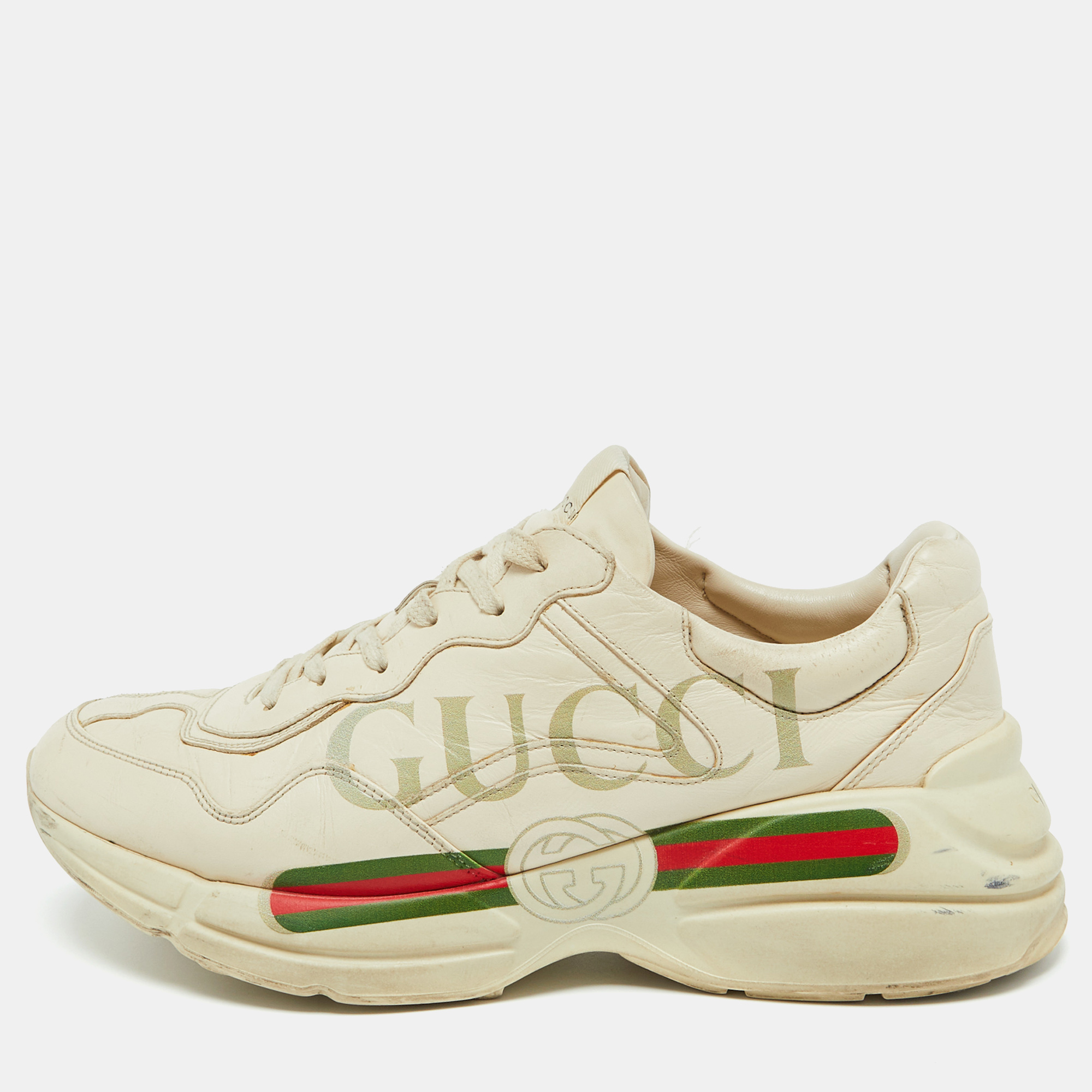 

Gucci Cream Leather Rhyton Vintage Gucci Logo Sneakers Size 43.5