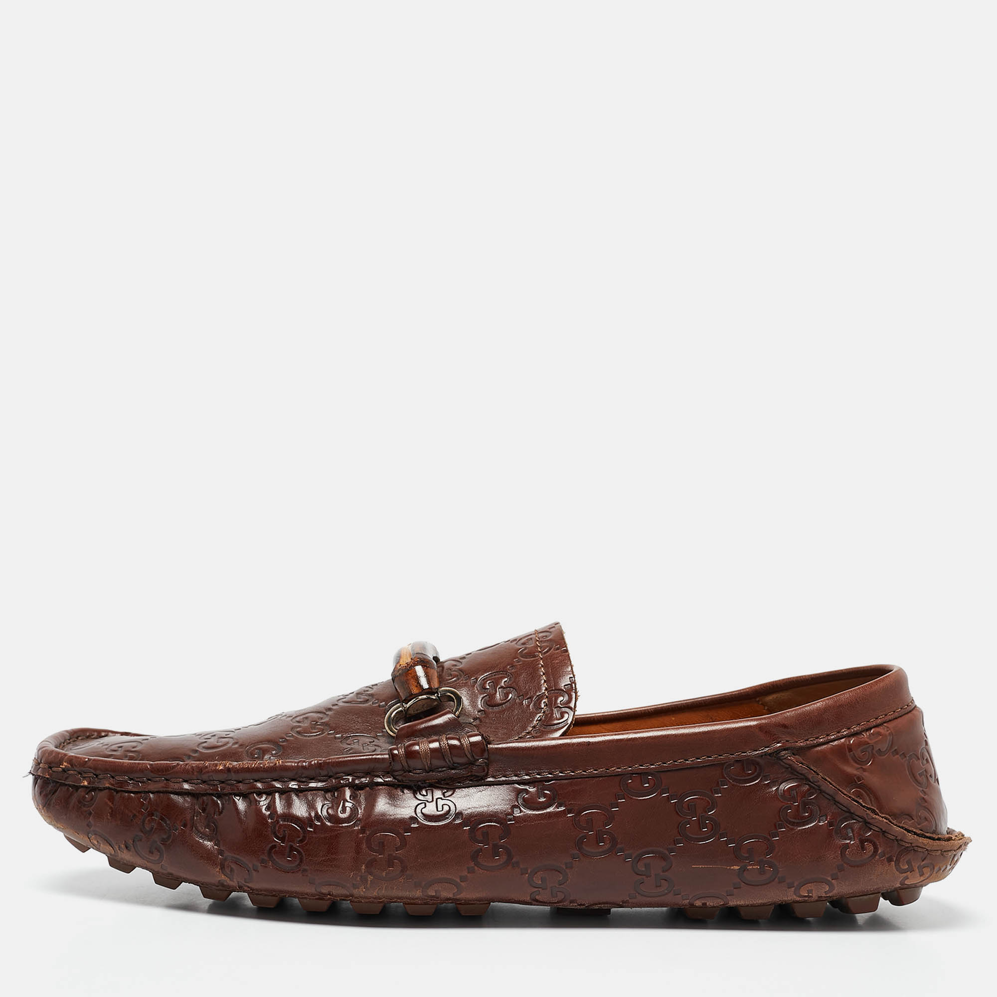 

Gucci Brown Guccissima Leather Bamboo Horsebit Slip On Loafers Size