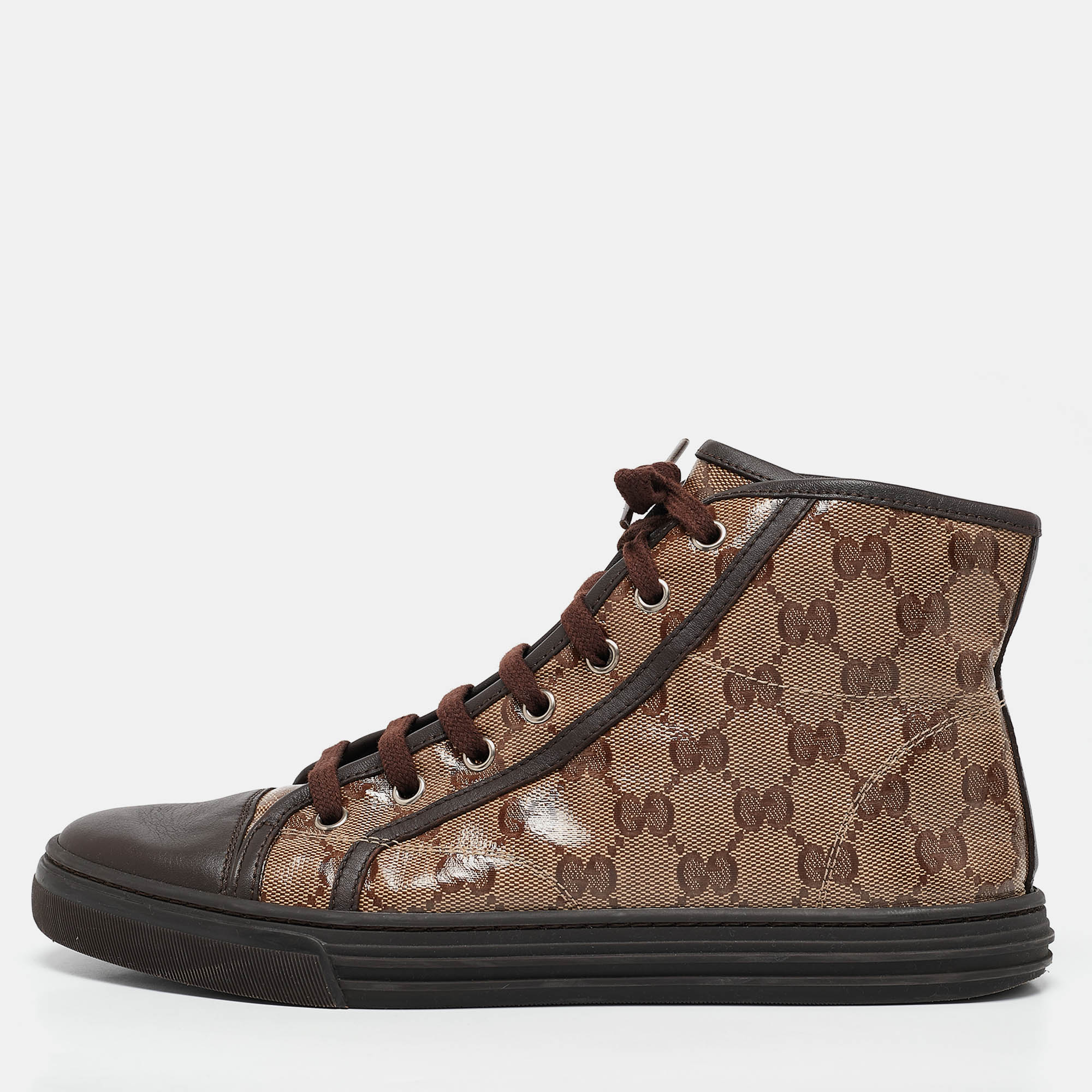 

Gucci Beige/Brown Coated Canvas and Leather California High Top Sneakers Size