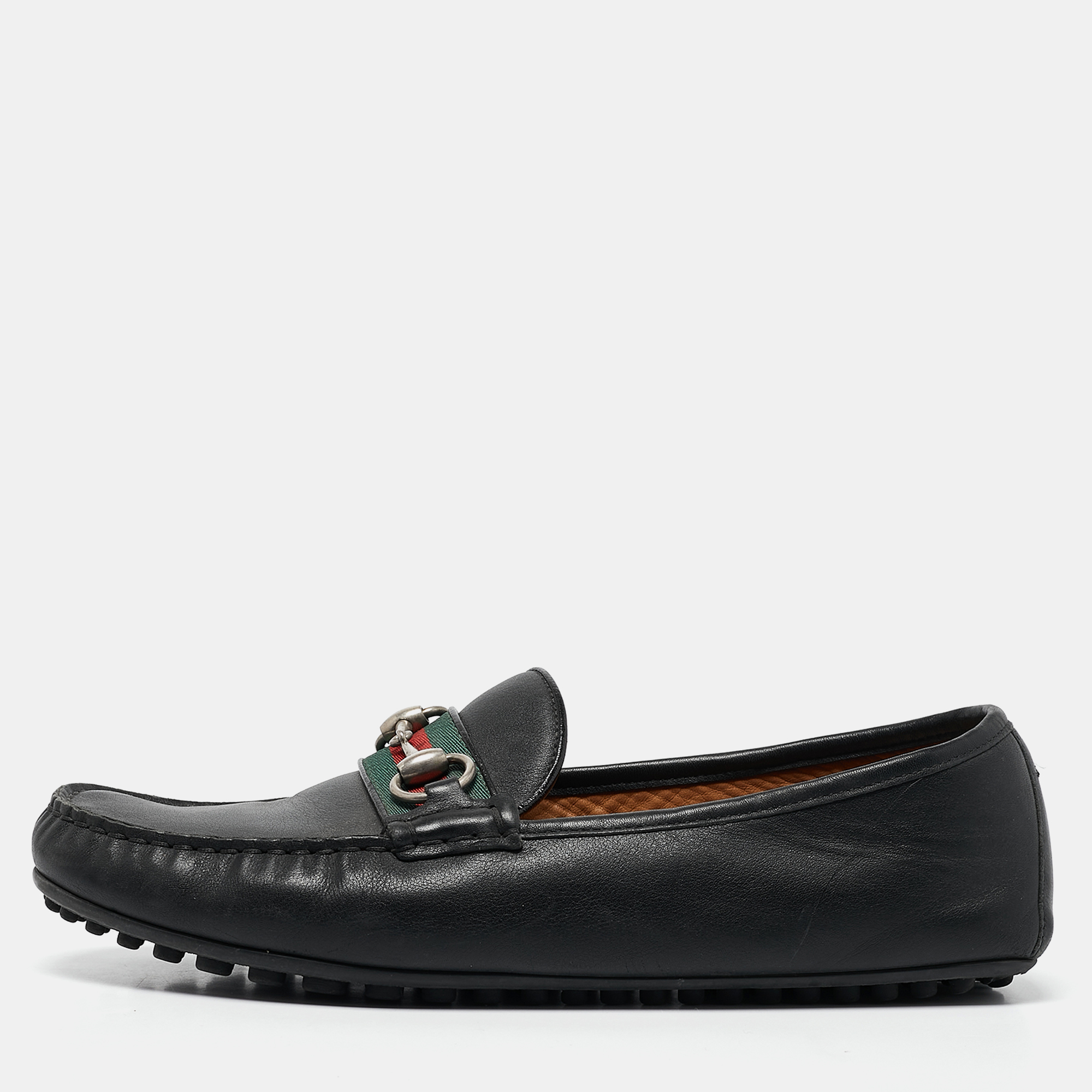 

Gucci Black Leather Web Horsebit Loafers Size 42