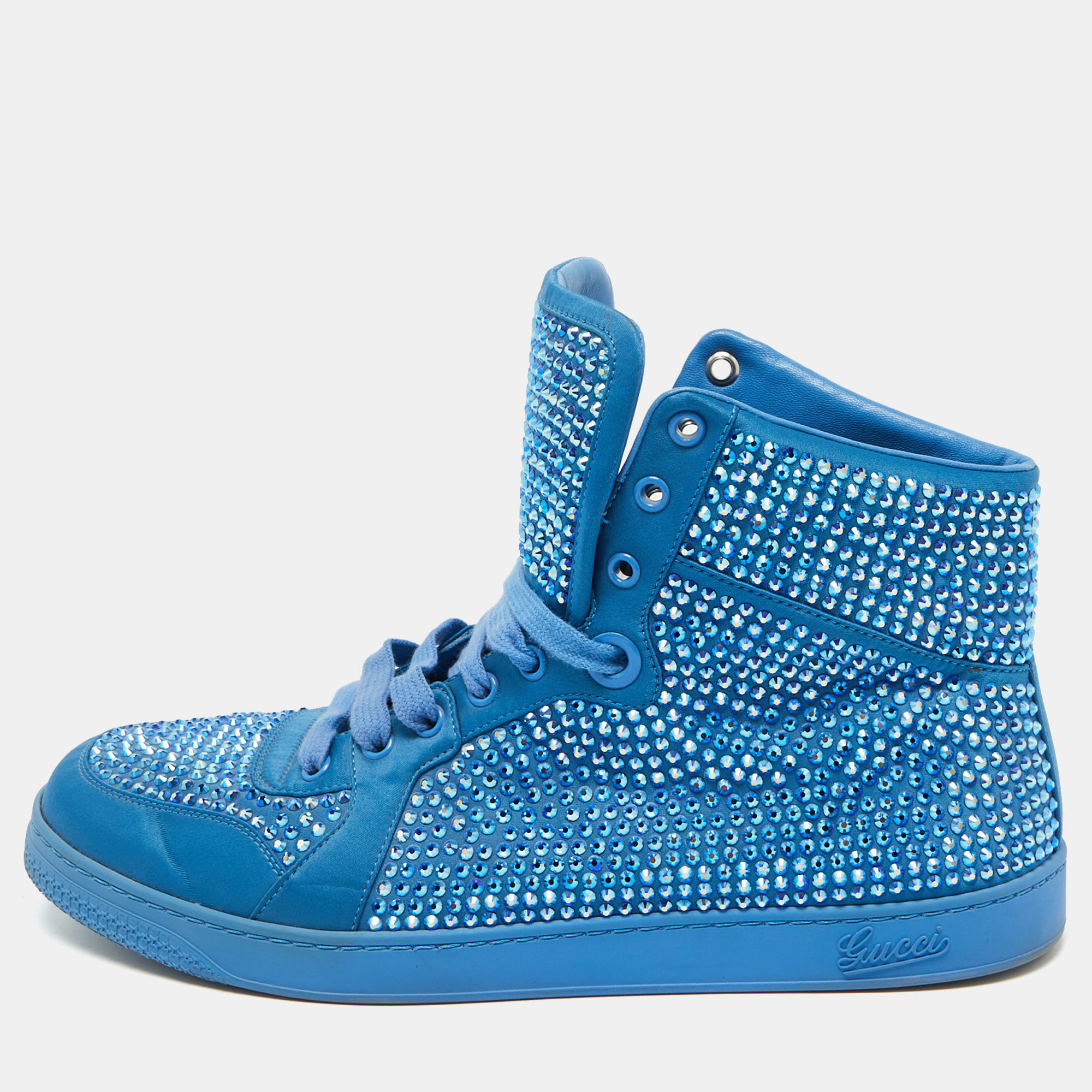 

Gucci Blue Satin Coda Crystal Embellished High Top Sneakers Size 42