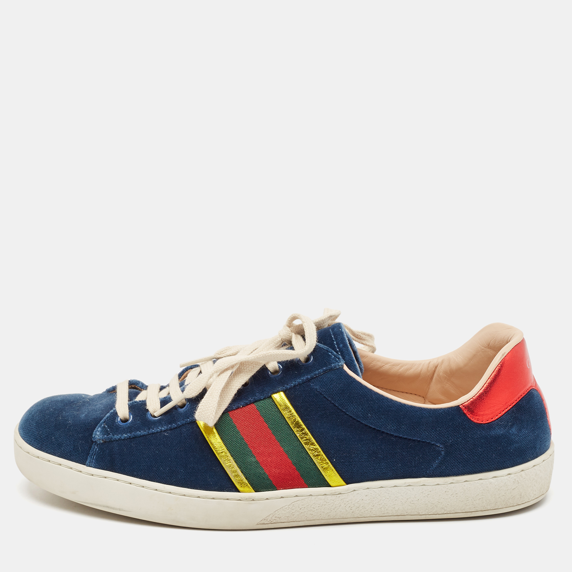 

Gucci Blue Velvet And Leather Web Detail Ace Sneakers Size 44