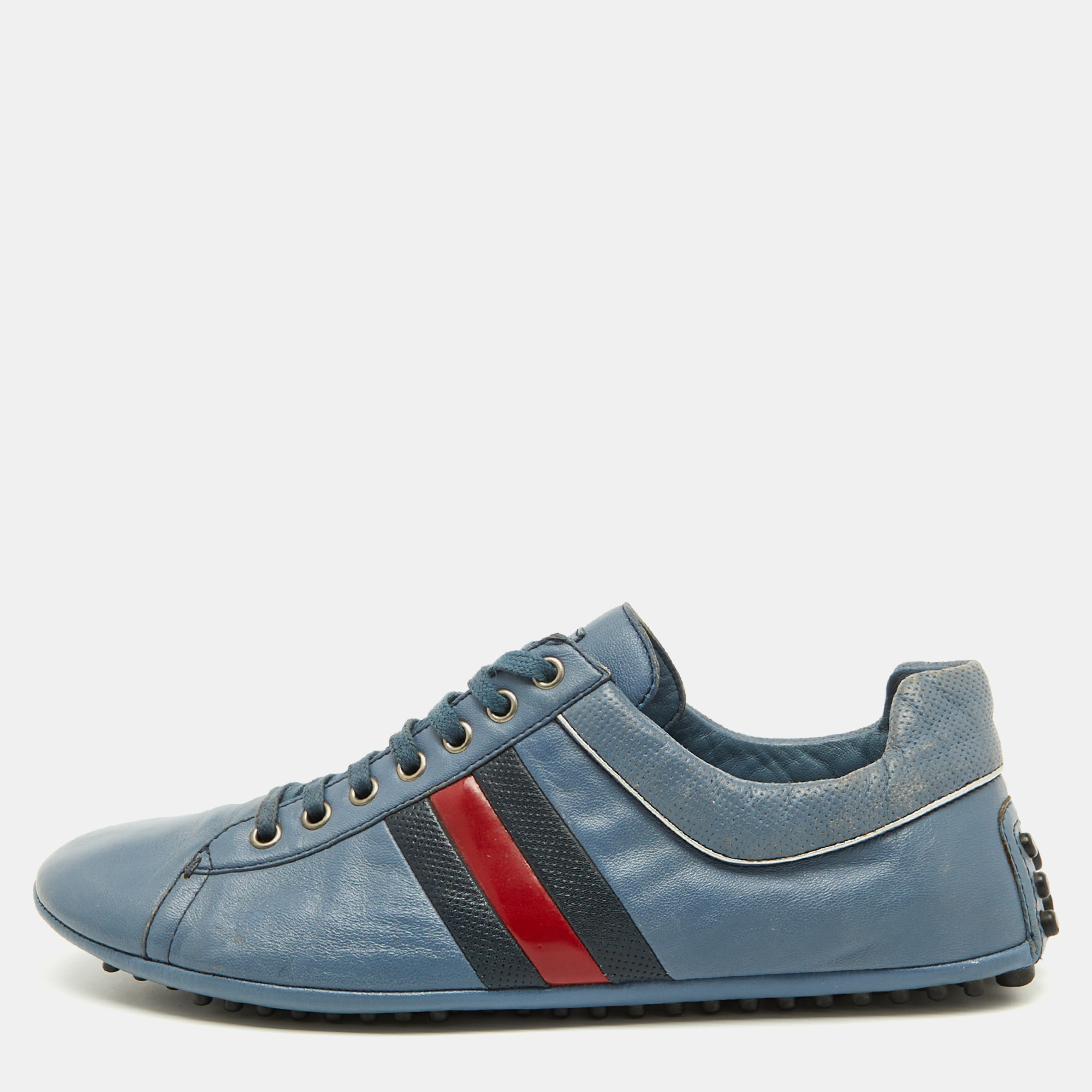 

Gucci Blue Leather Web Detail Low Top Sneakers Size 44