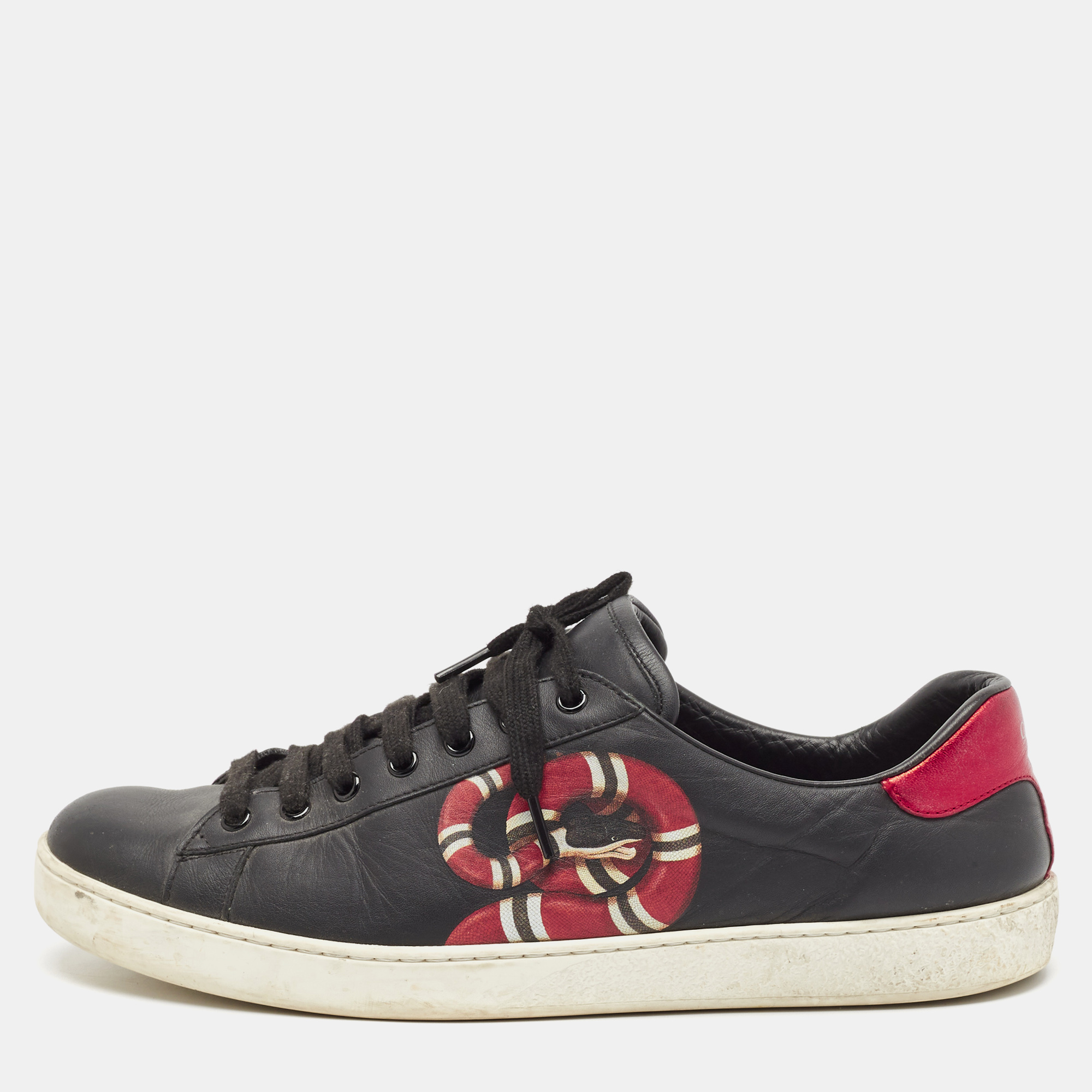 

Gucci Black Leather Snake Print Ace Lace Up Sneakers Size 44