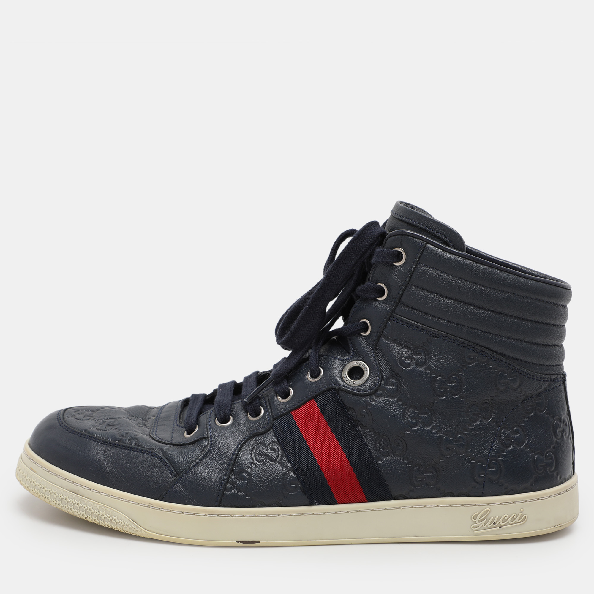 

Gucci Navy Blue Guccissima Leather Web Detail High Top Sneakers Size 44