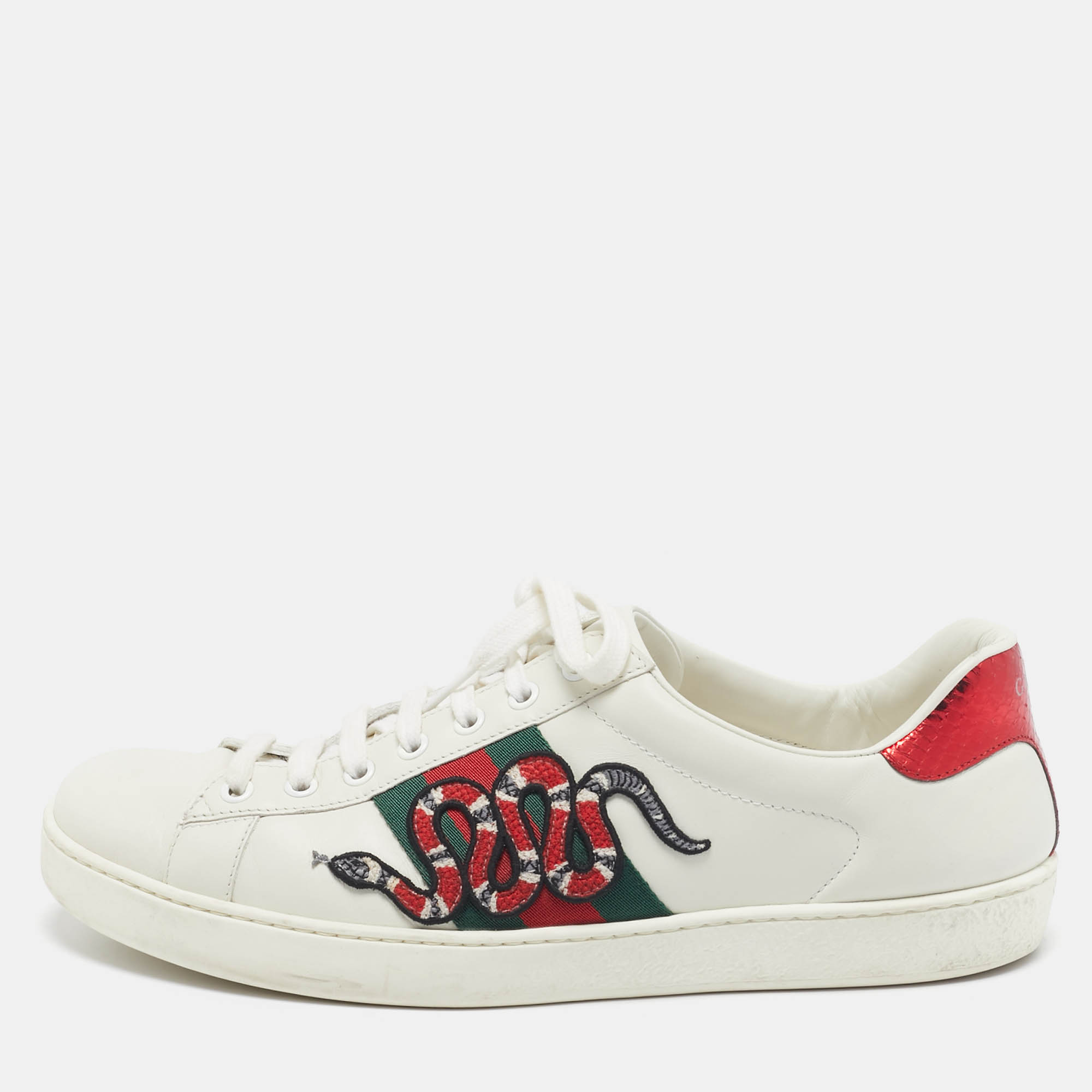 

Gucci White Leather and Snakeskin Embossed Leather Ace Lace Up Sneakers Size 43.5