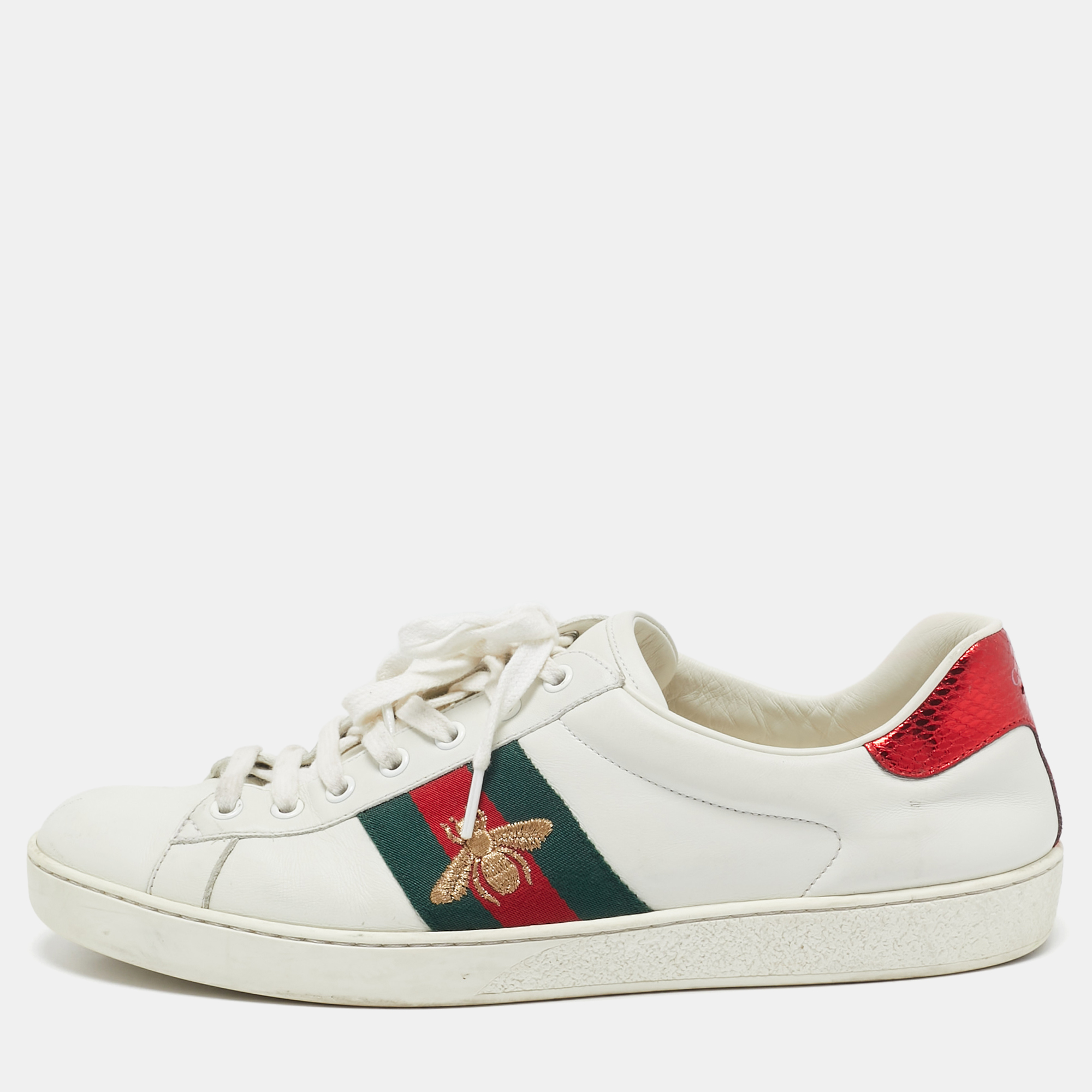 

Gucci White Leather Ace Web Lace Up Sneakers Size 44.5