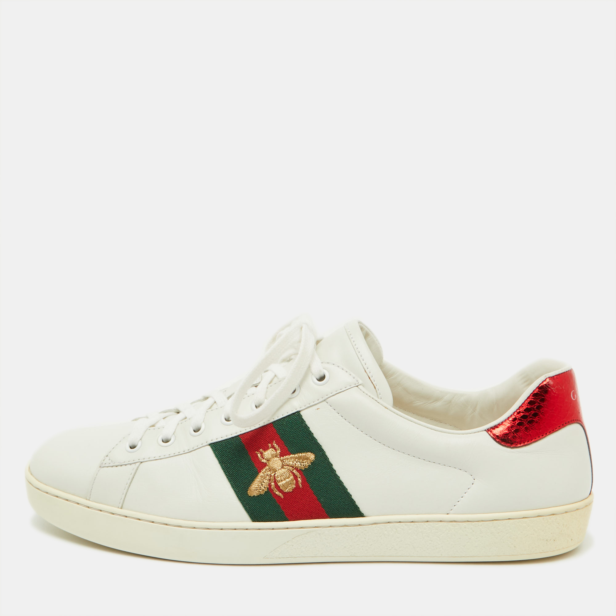 

Gucci White Leather Bee Embroidered Ace Web Low Top Sneakers Size 45.5