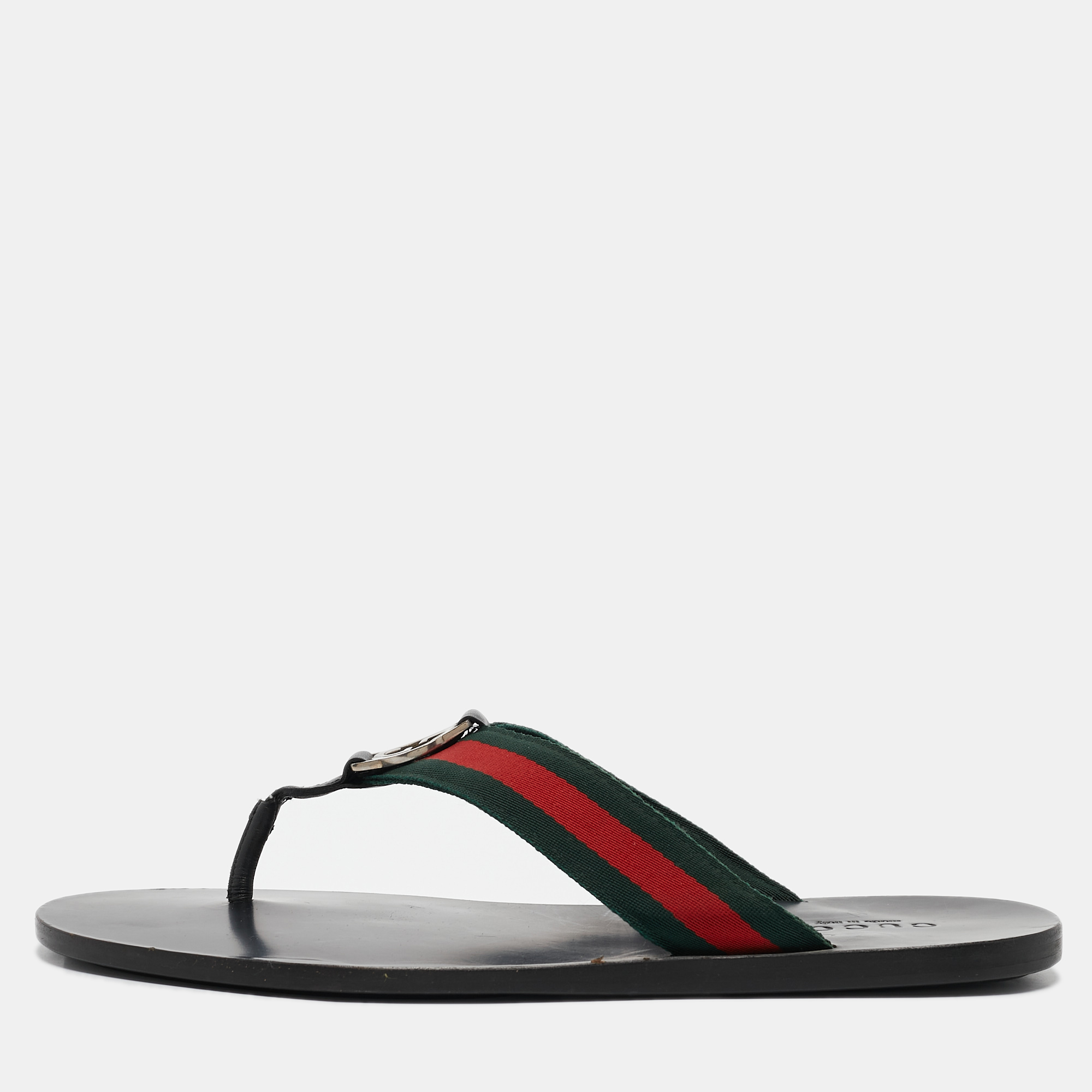 

Gucci Black Leather GG Web Thong Flat Slides Size 43.5