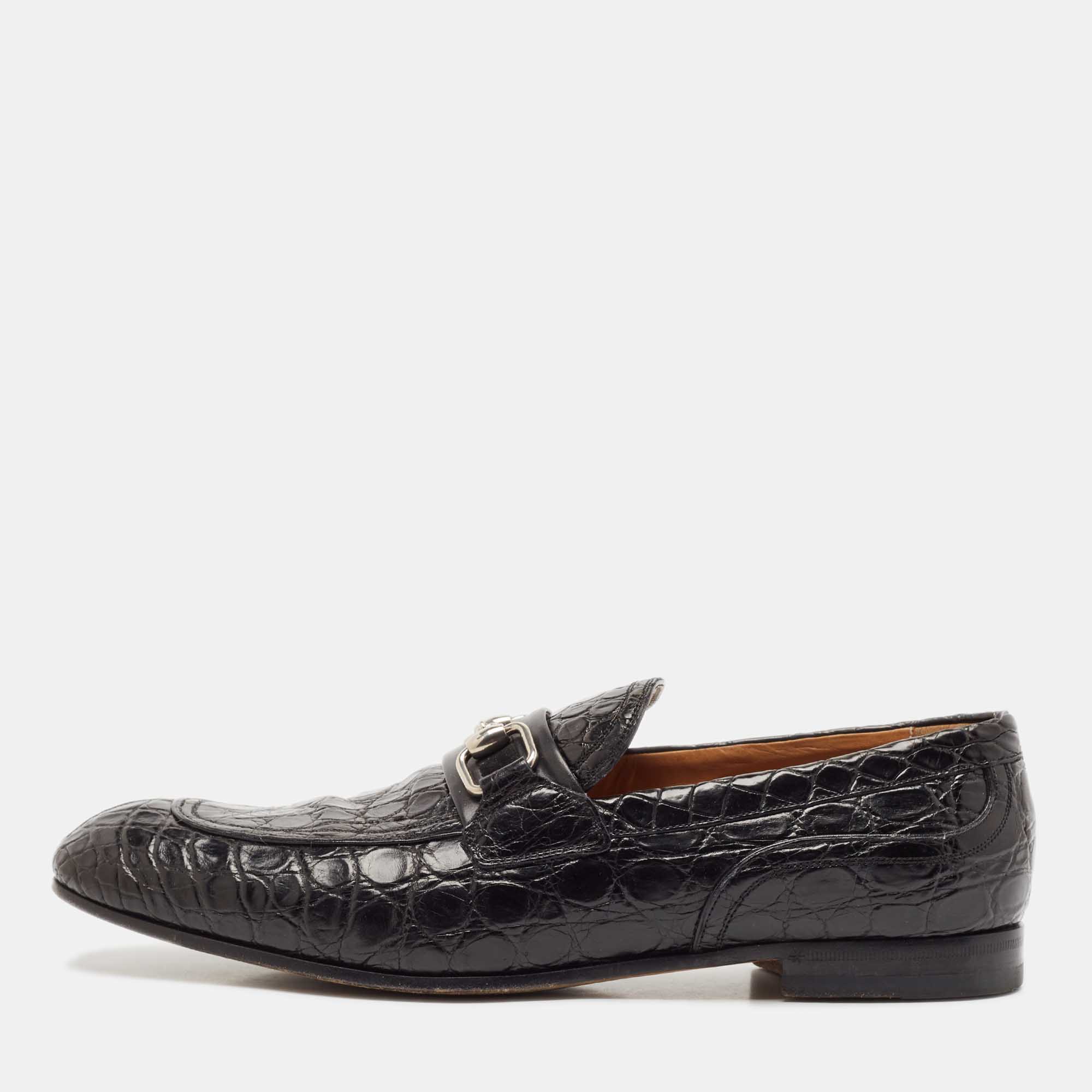 

Gucci Black Alligator Leather Horsebit Slip On Loafers Size 43.5