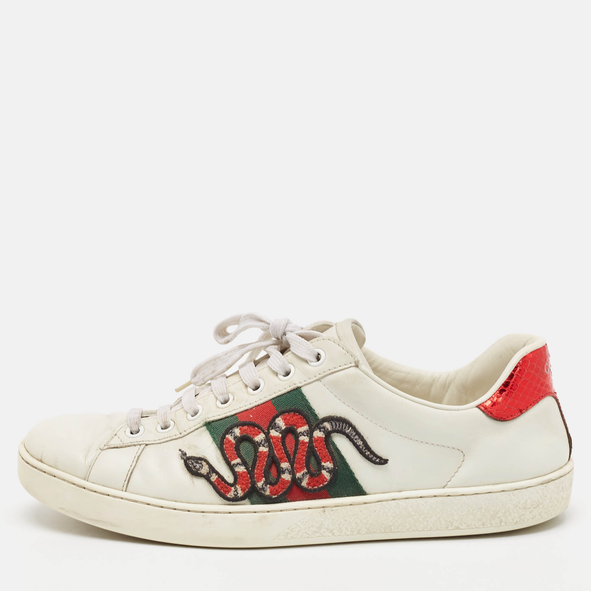 

Gucci White Leather and Python Embossed Embroidered Snake Ace Sneakers Size 41