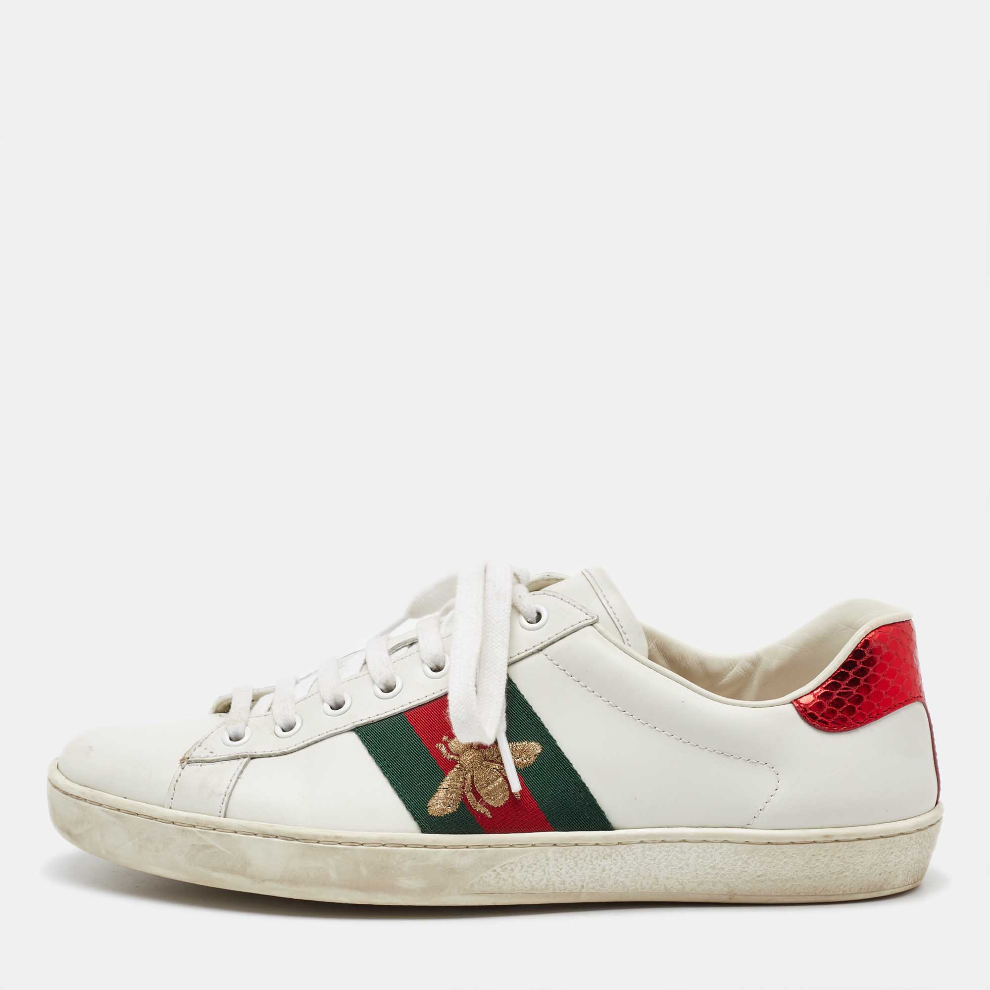 

Gucci White Leather Embroidered Bee Web Ace Low Top Sneakers Size 42