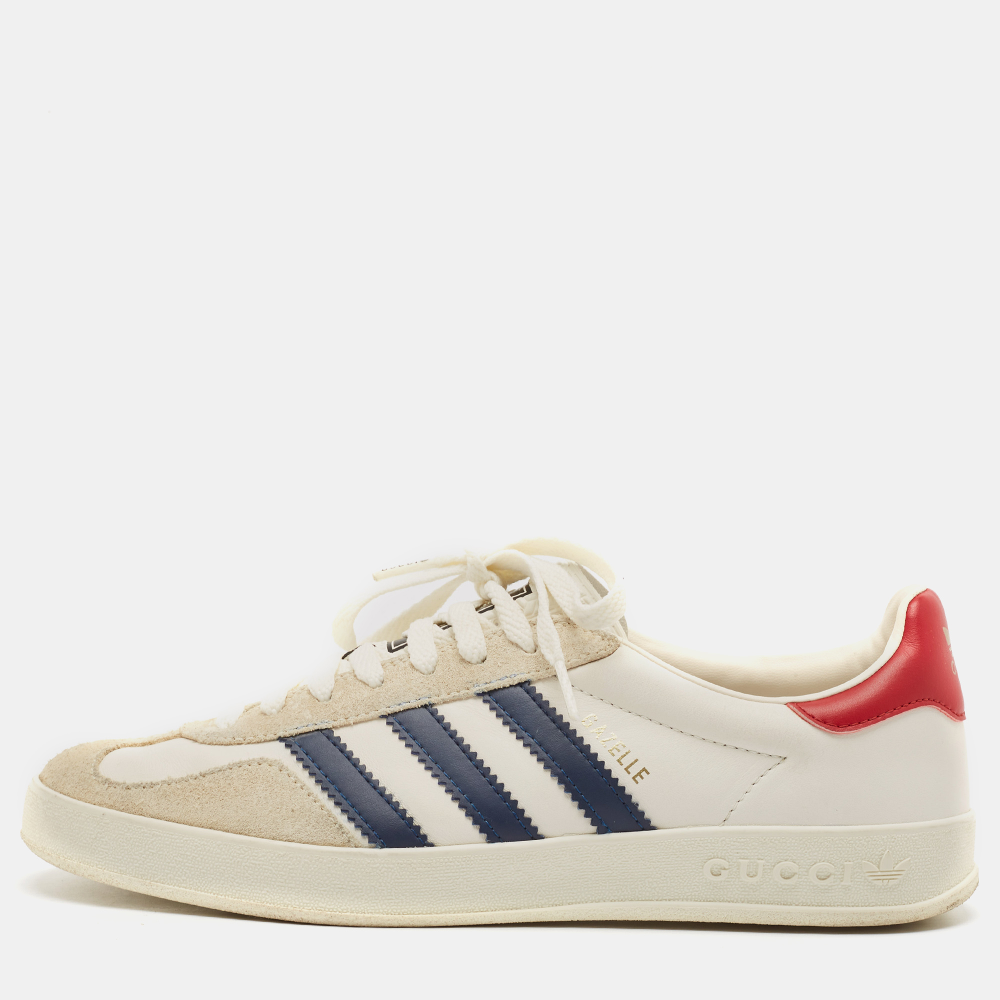 

Adidas x Gucci White/Grey Leather and Suede Gazelle Low Top Sneakers Size