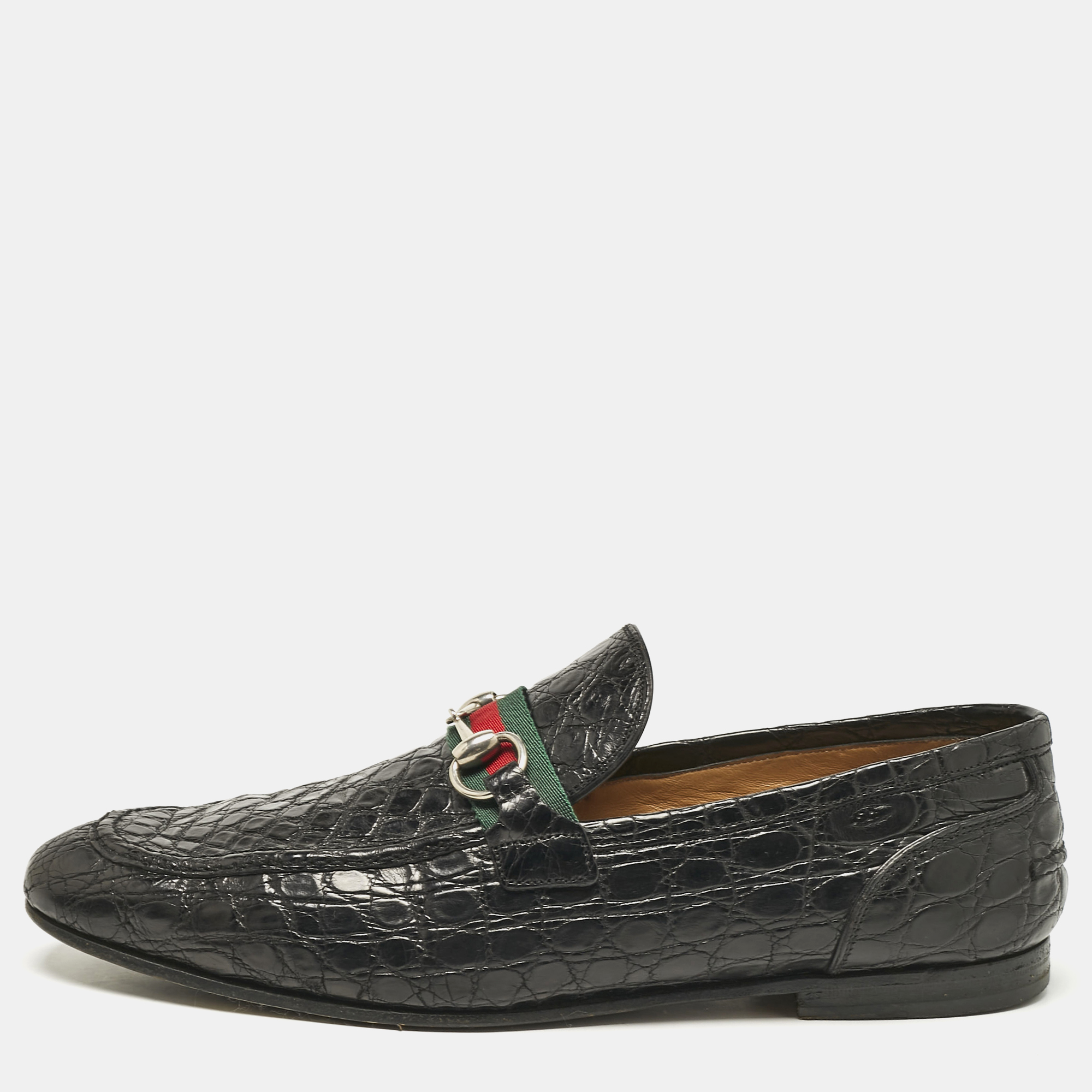 

Gucci Black Crocodile Horsebit Web Detail Slip On Loafers Size