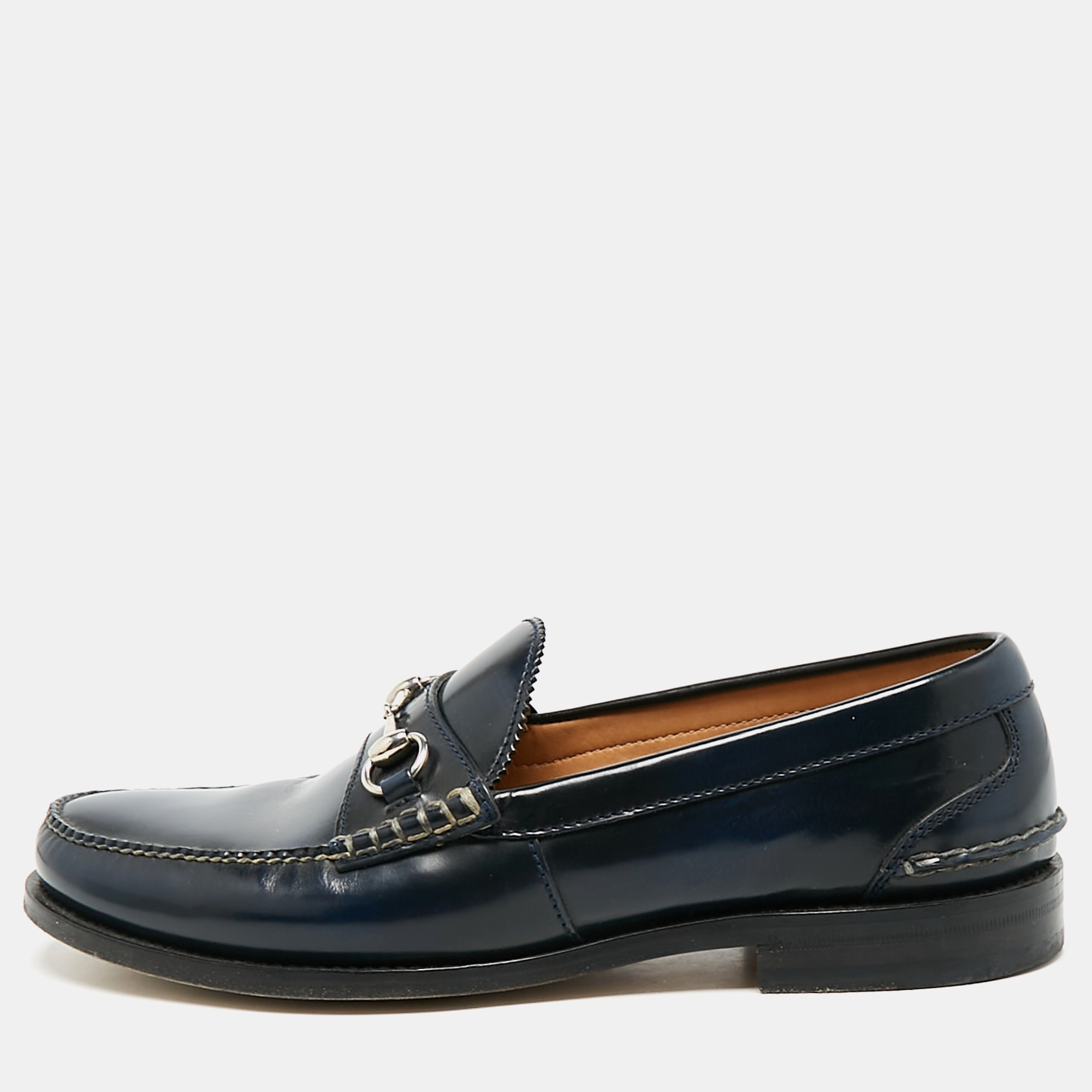 

Gucci Navy Blue Leather Horsebit Slip On Loafers Size 46