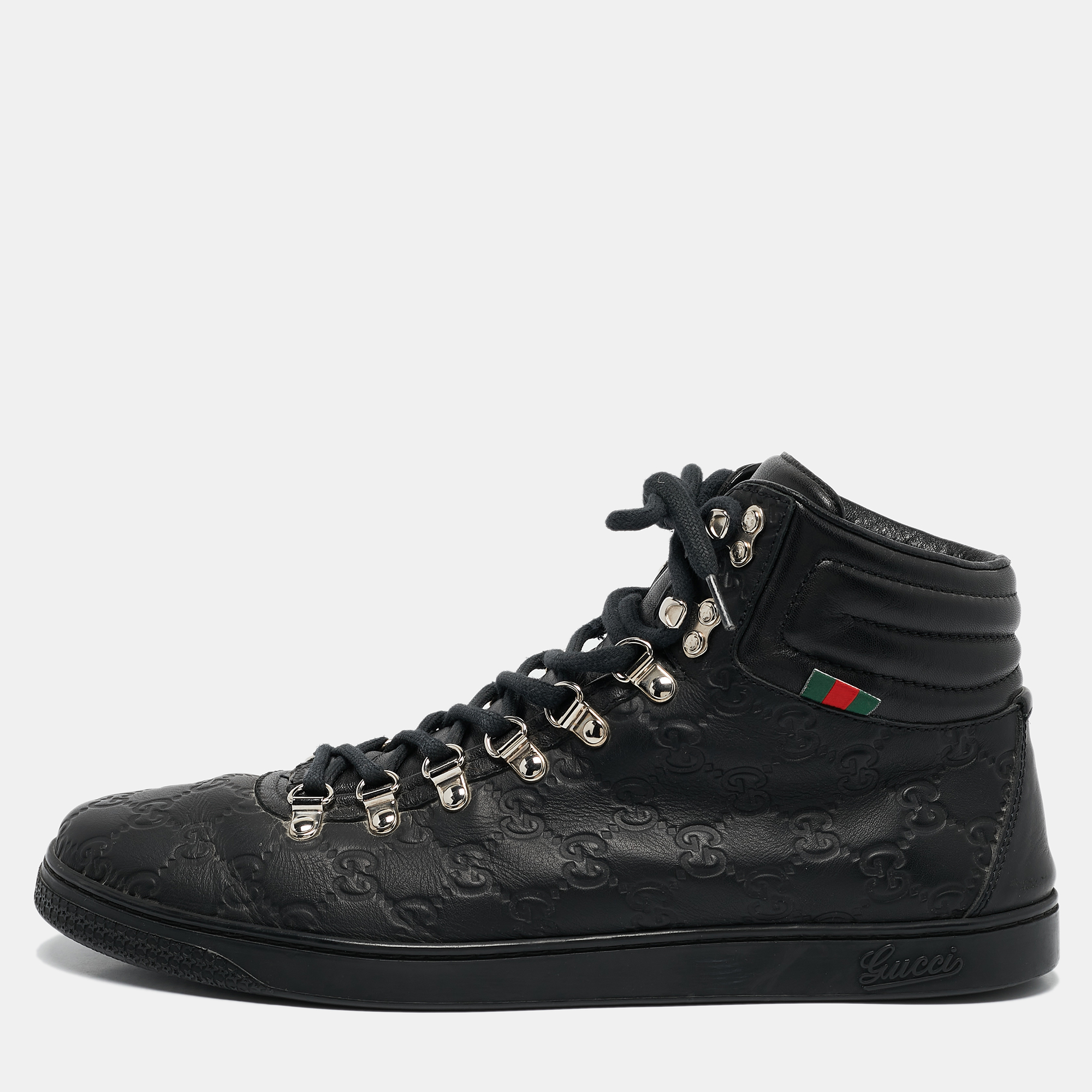 

Gucci Black Guccissima Leather Web High Top Sneakers Size 44