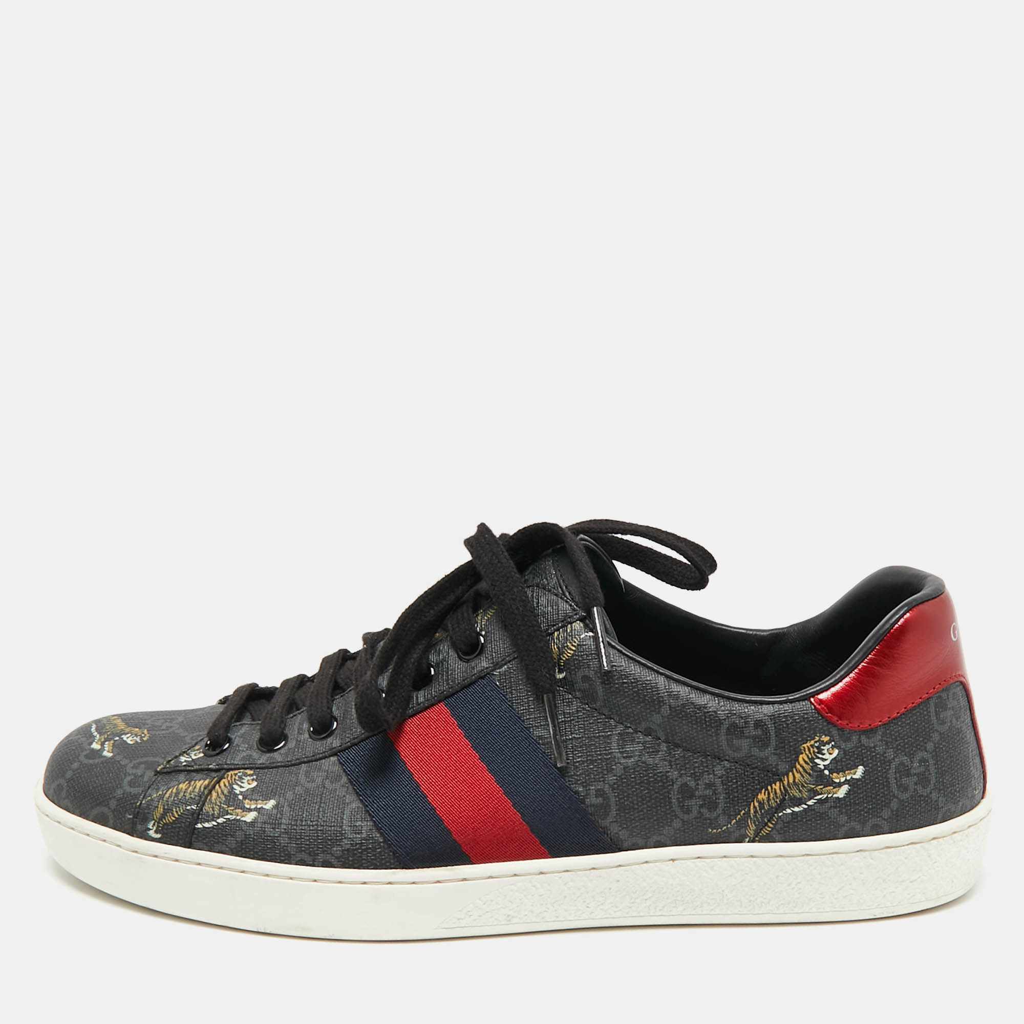 

Gucci Black GG Supreme Canvas Tiger Print Ace Sneakers Size 41.5