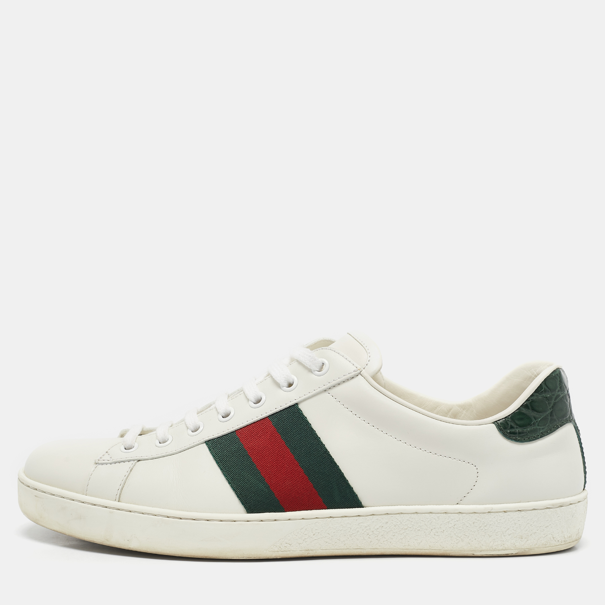 

Gucci White Crocodile Leather and Leather Ace Lace Up Sneakers Size 44.5