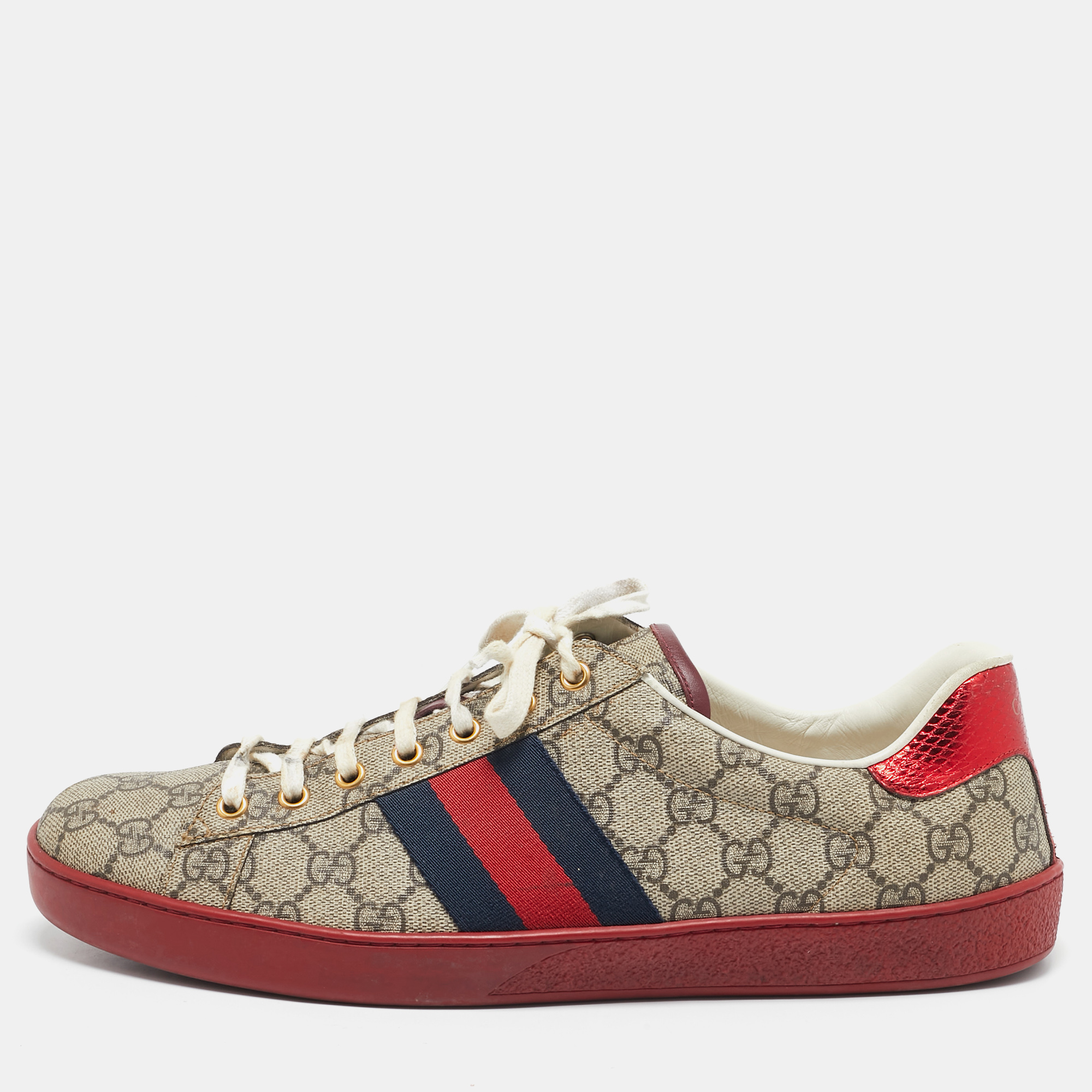 

Gucci Beige/Ebony GG Supreme Canvas Ace Sneakers Size 45