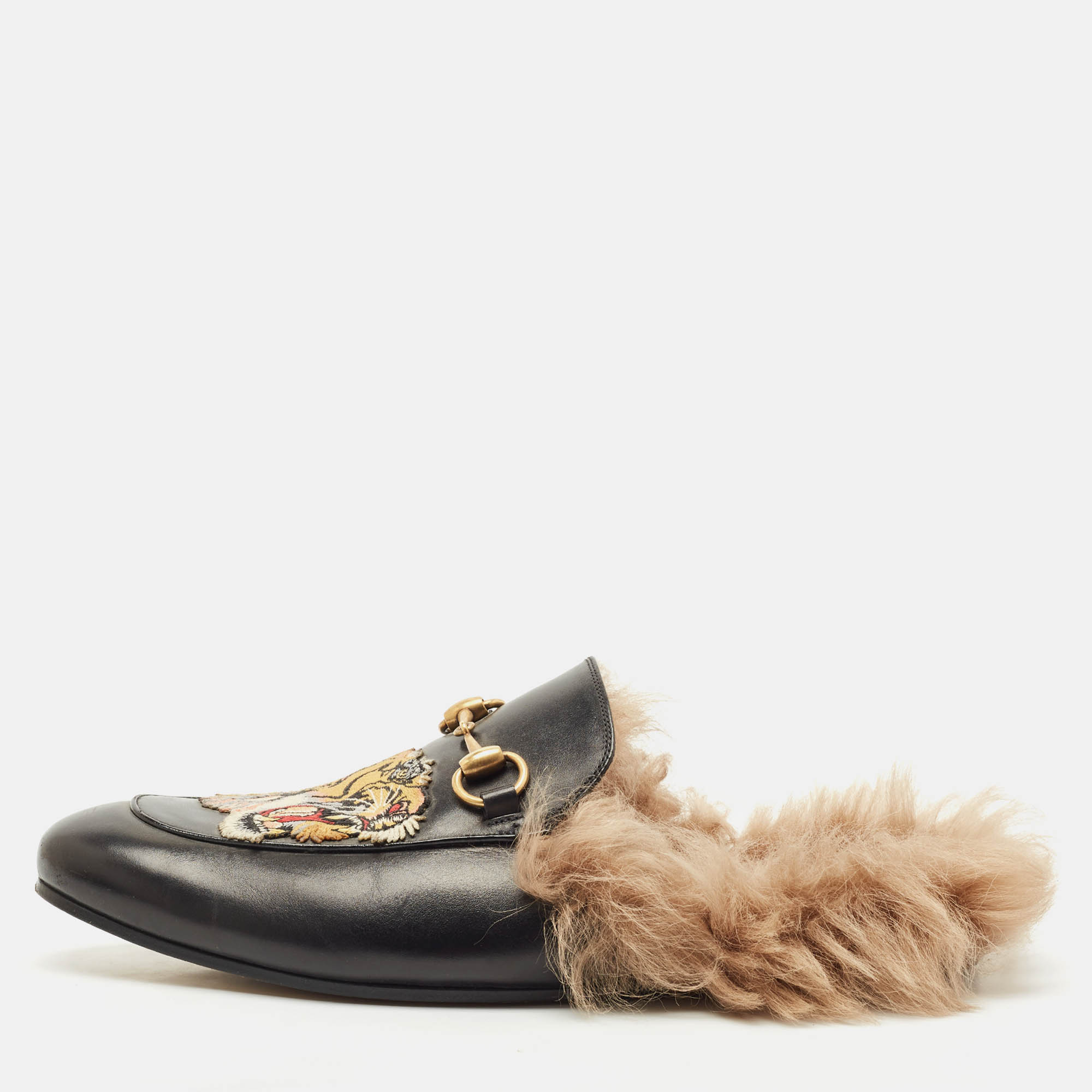 

Gucci Black Leather And Fur Princetown Mule Sandals Size 41.5