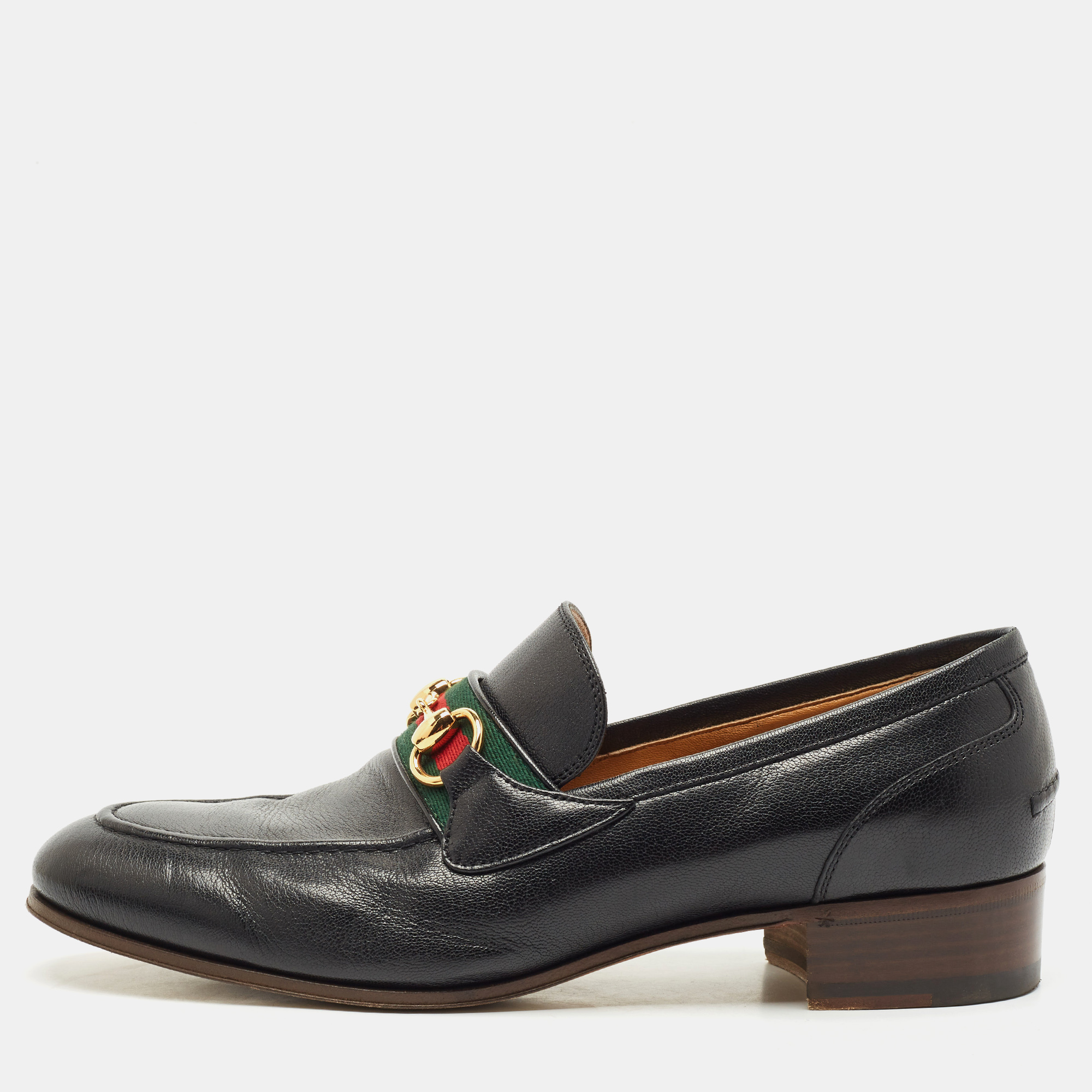

Gucci Black Leather Web Stripe Horsebit Loafers Size 41.5