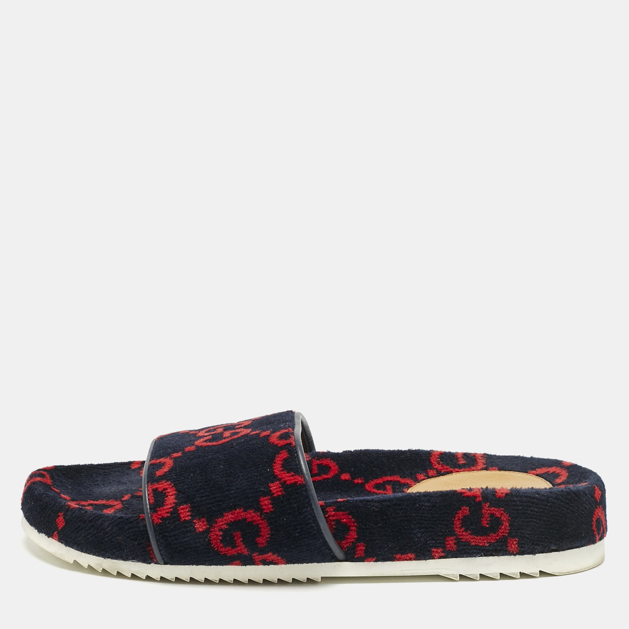 

Gucci Navy Blue/Red GG Velvet Flat Slide Sandals Size 41