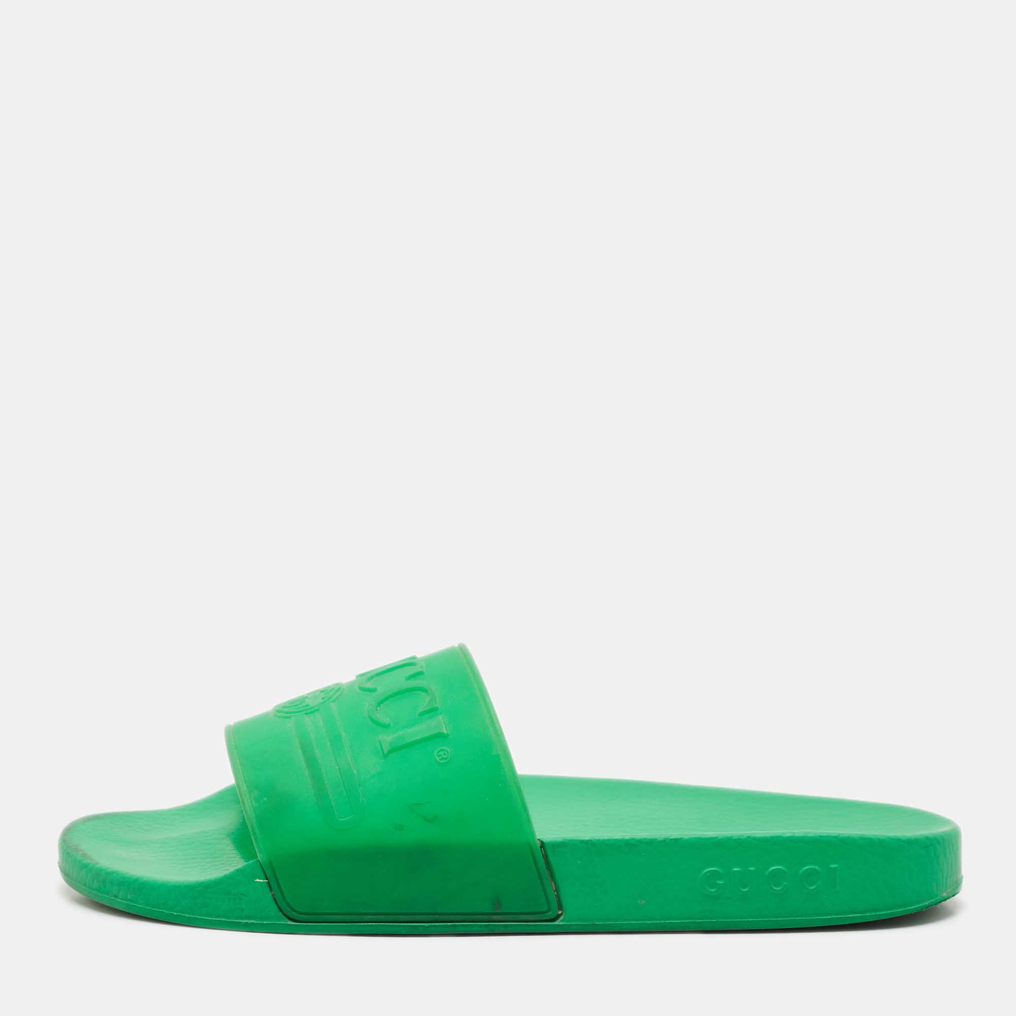 

Gucci Green Rubber Logo Pool Flat Slide Sandals Size 45