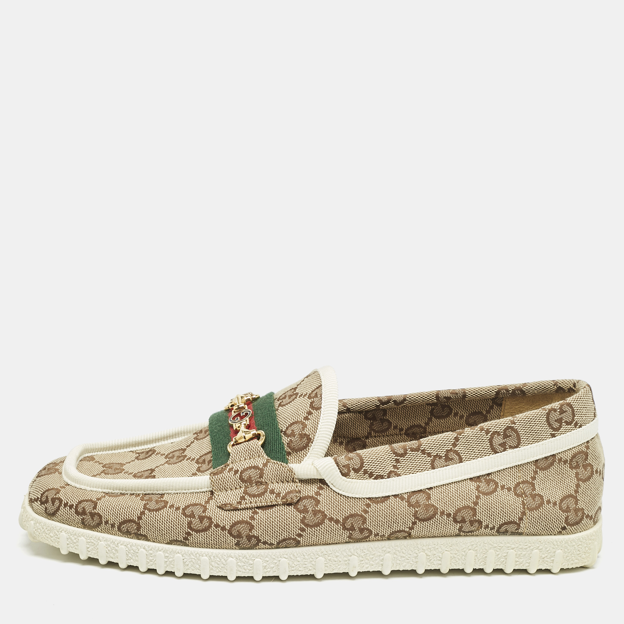 

Gucci Beige GG Canvas Horsebit Web Slip On Loafers Size 41.5