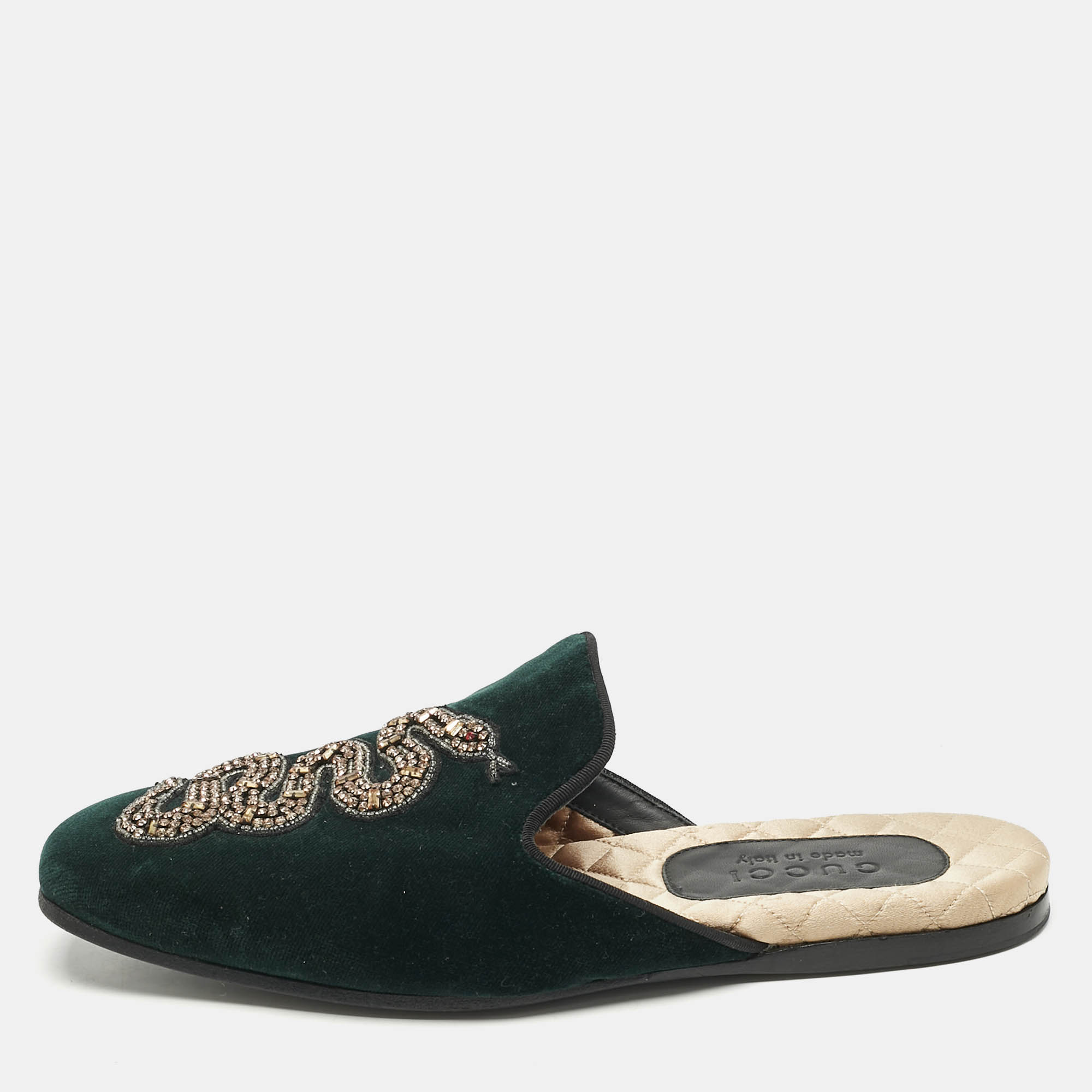 

Gucci Dark Green Velvet Crystal Embellished Snake Flat Mules Size 40