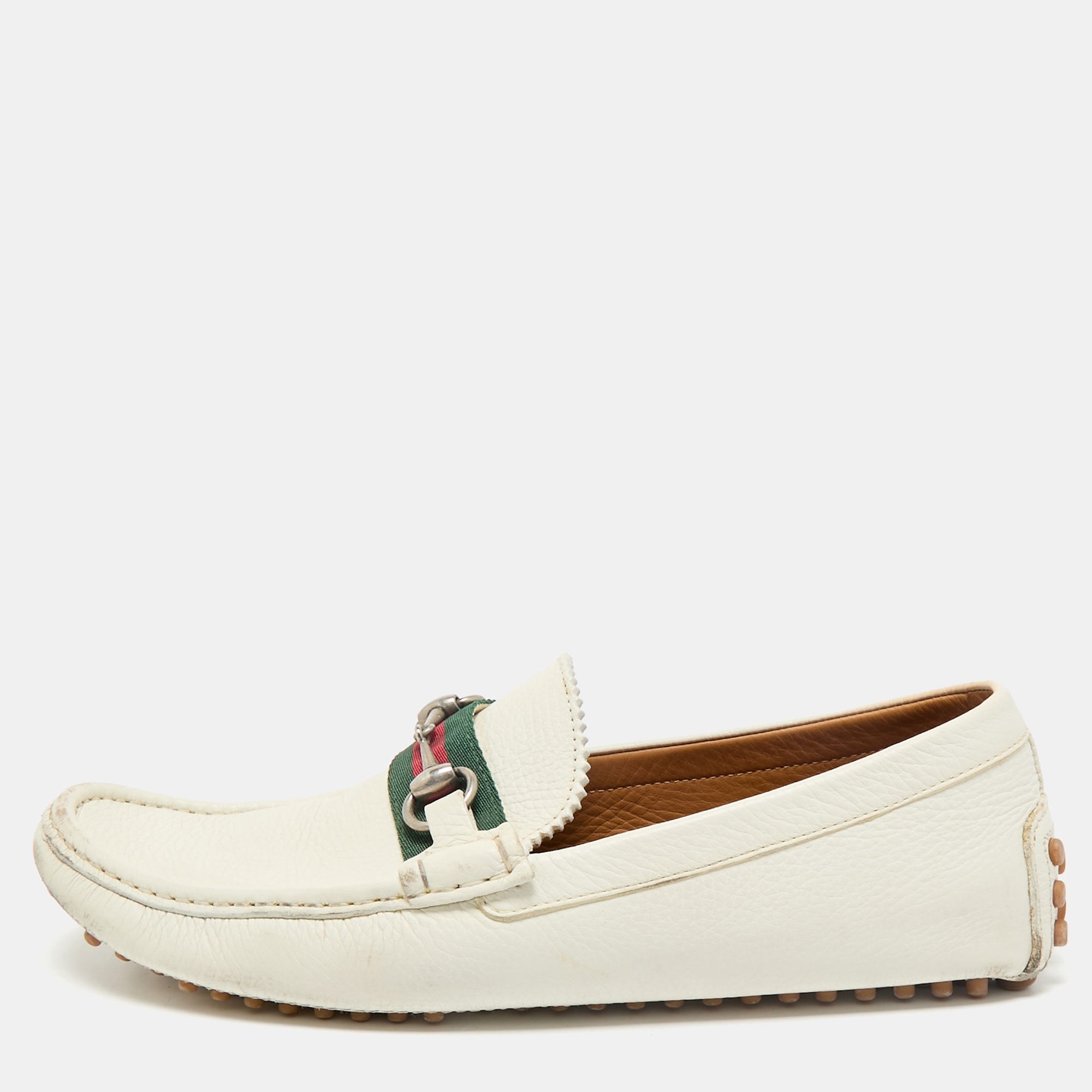 

Gucci White Leather Web Slip On Loafers Size 43