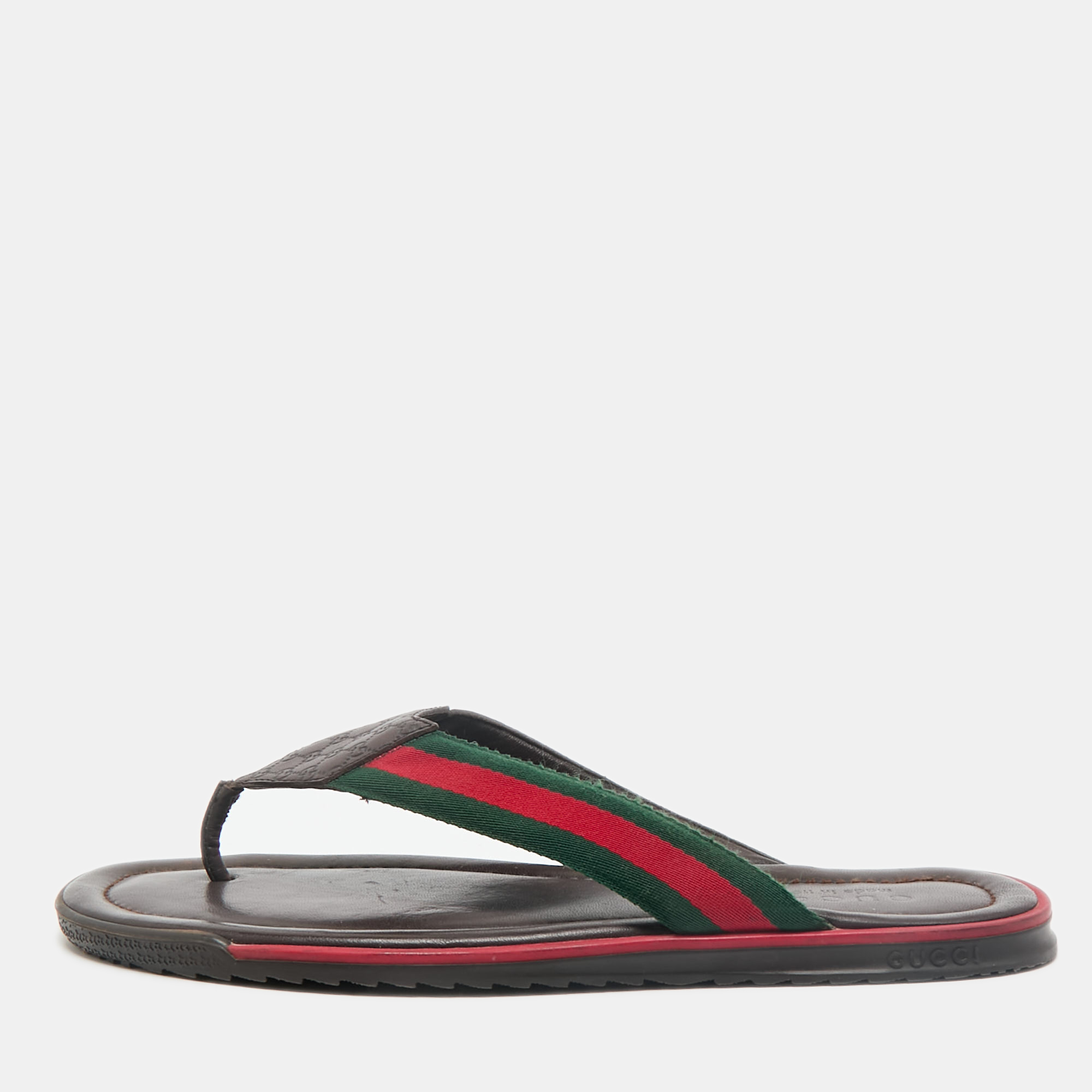 Pre-owned Gucci Ssima Leather Web Thong Flip Flop Sandals Size 44.5