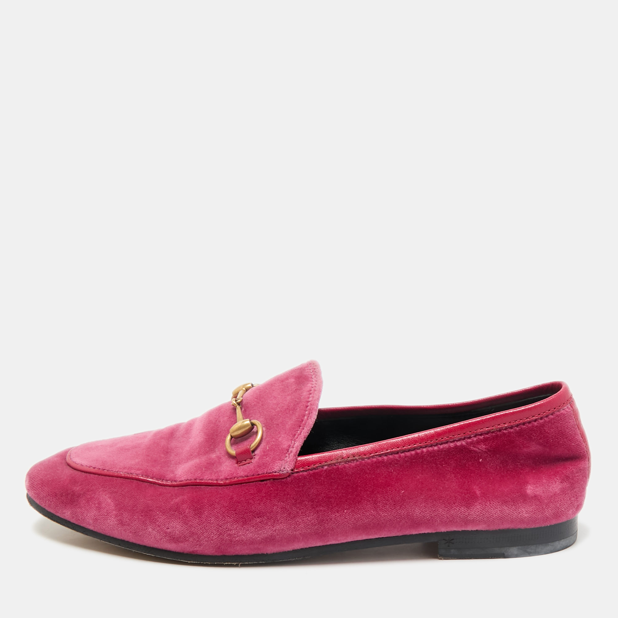 

Gucci Pink Velvet Jordaan Horsebit Slip On Loafers Size
