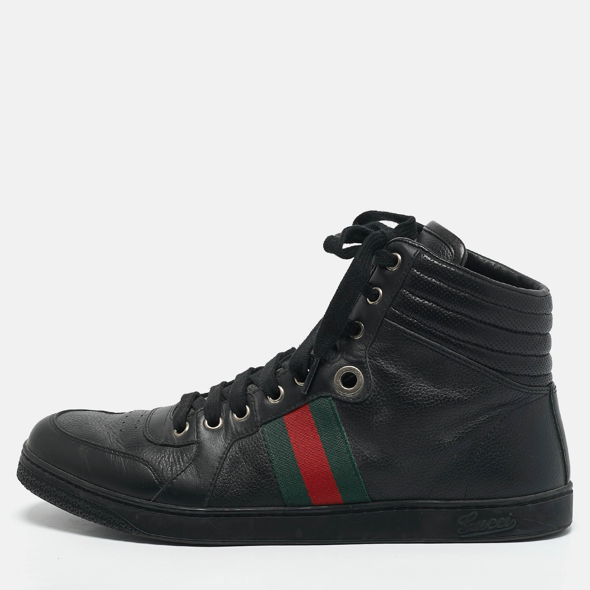 

Gucci Black Leather Web Detail High Top Sneakers Size 42