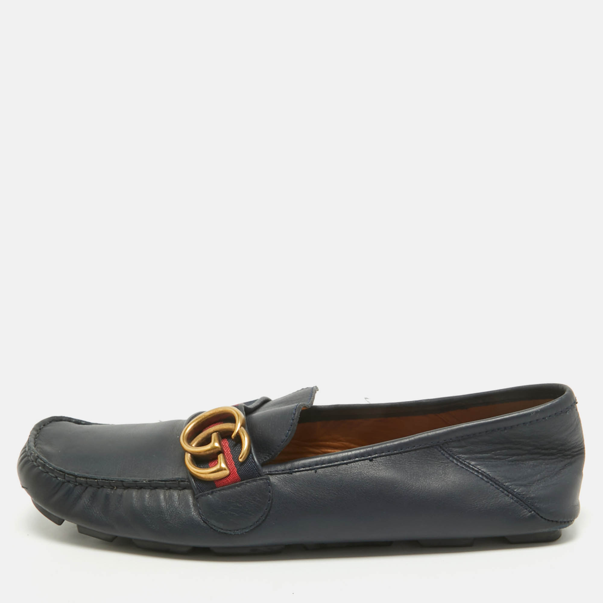 

Gucci Navy Blue Leather GG Marmont Web Driver Slip On Loafers Size 39