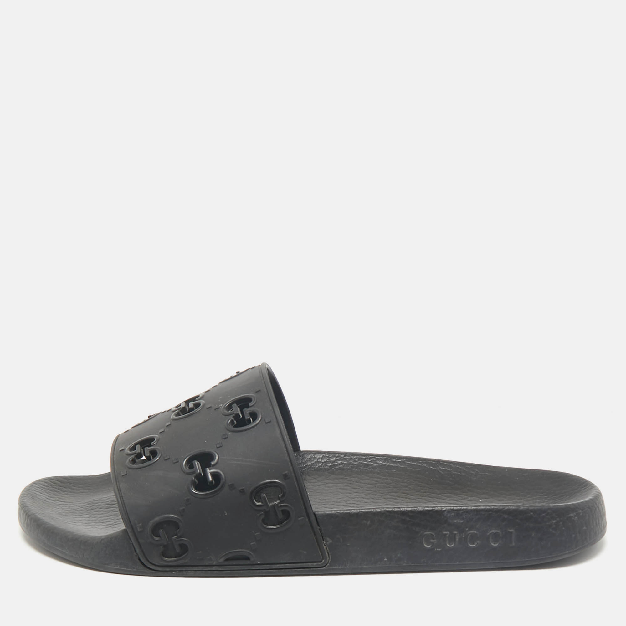 

Gucci Black Rubber GG Laser Cut Pool Slide Sandals Size 44